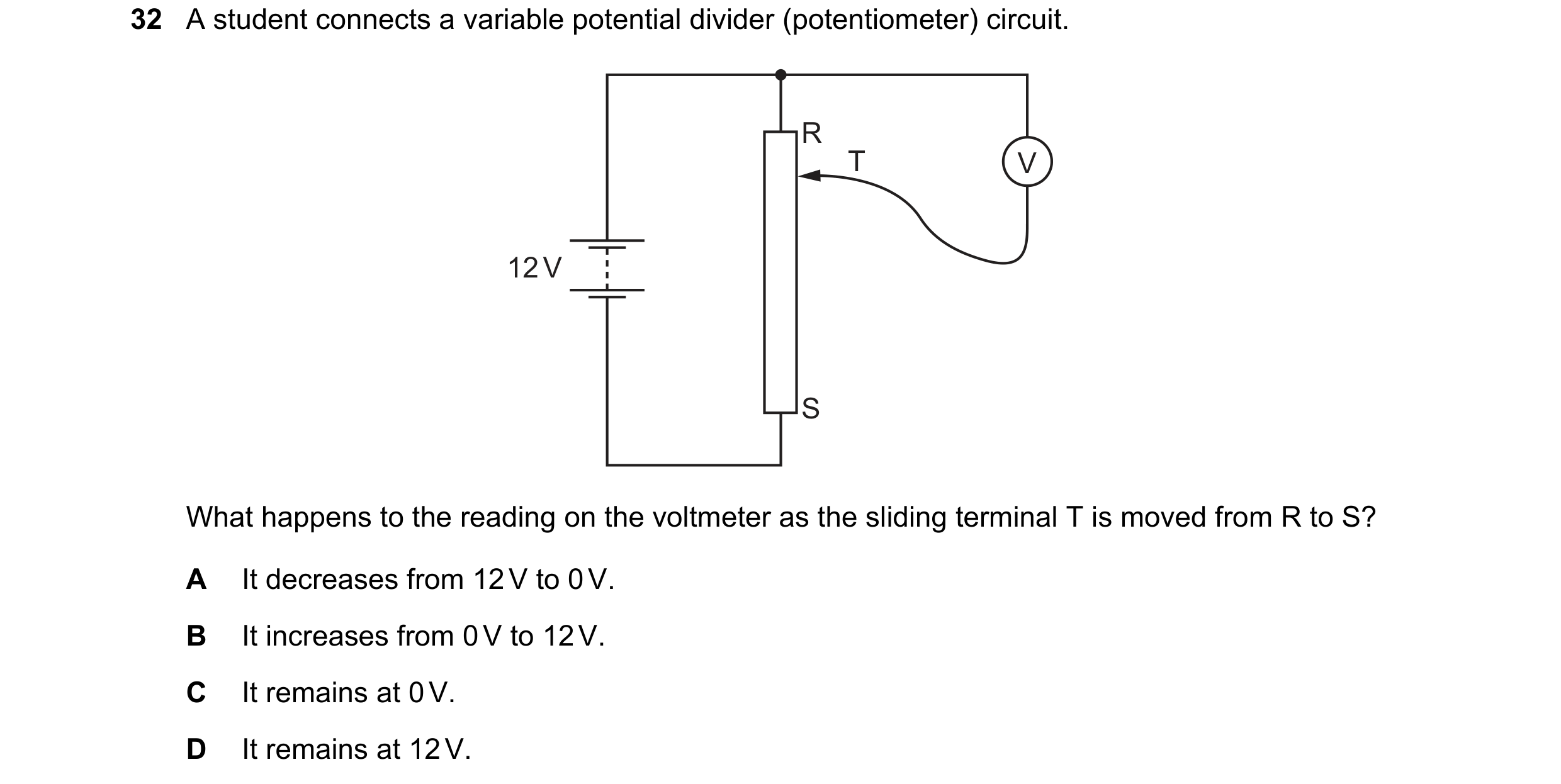 Question 234: A student connects a variable potential divider (potentiometer) circuit. R T V 12 V S What happens to the reading on the voltmeter as the s…