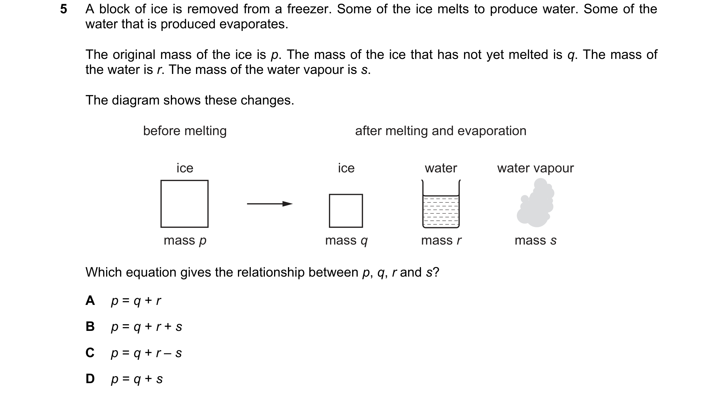 Question 132: A block of ice is removed from a freezer. Some of the ice melts to produce water. Some of the water that is produced evaporates. The origin…