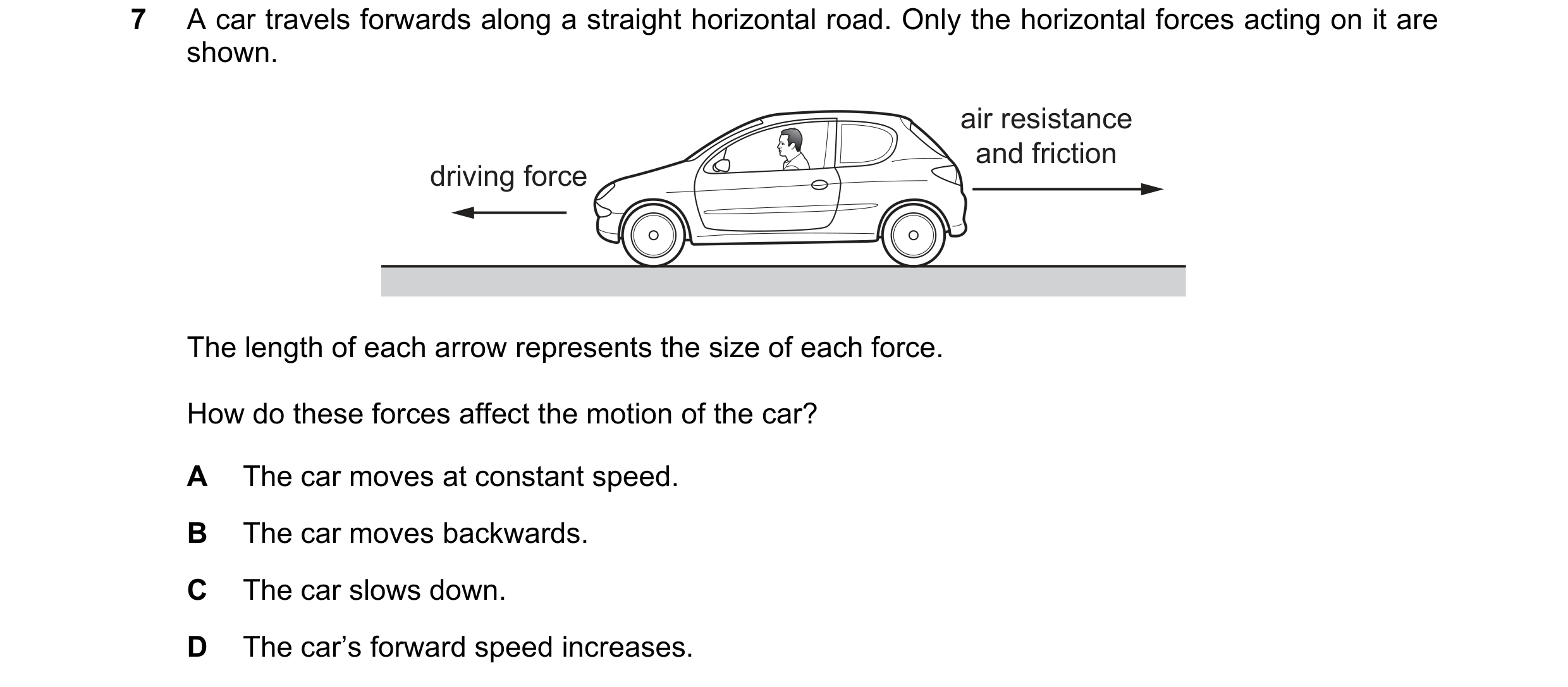 Question 149: A car travels forwards along a straight horizontal road. Only the horizontal forces acting on it are shown. air resistance and friction dri…