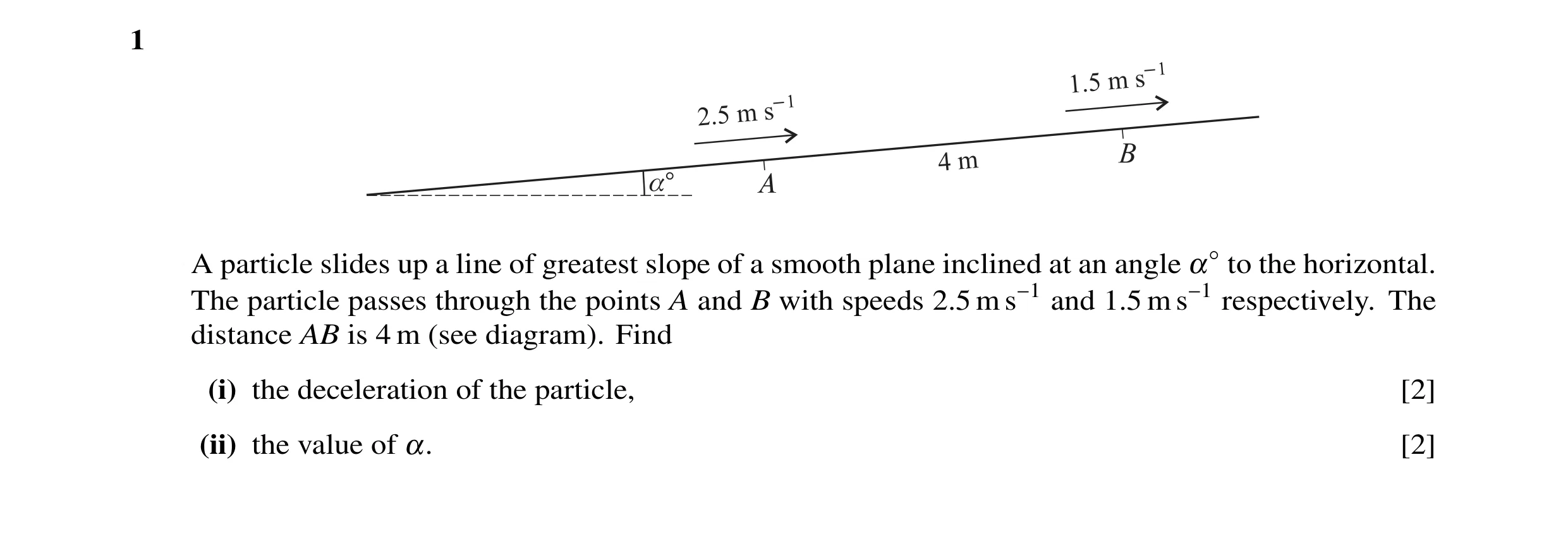 Question 12: A particle slides up a line of greatest slope of a smooth plane inclined at an angle α◦to the horizontal. The particle passes through the p…