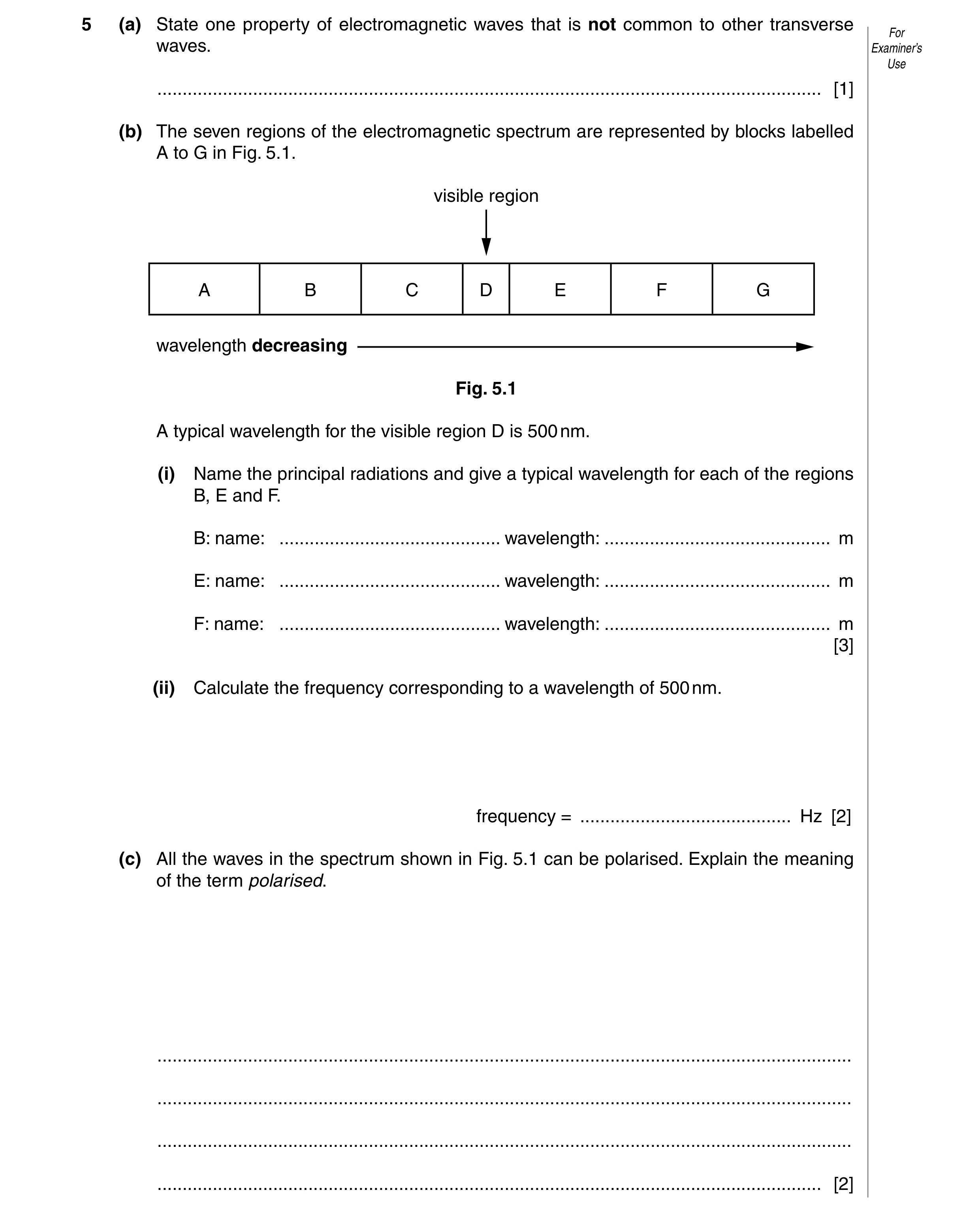 Question 4: (a) State one property of electromagnetic waves that is not common to other transverse For waves. Examiner’s Use ..........................…