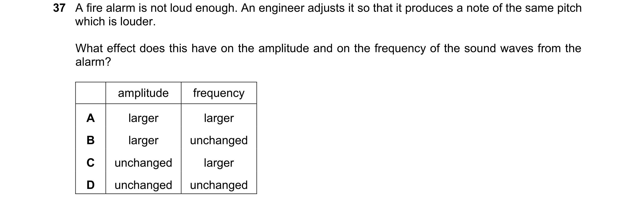 Question 39: A fire alarm is not loud enough. An engineer adjusts it so that it produces a note of the same pitch which is louder. What effect does this…