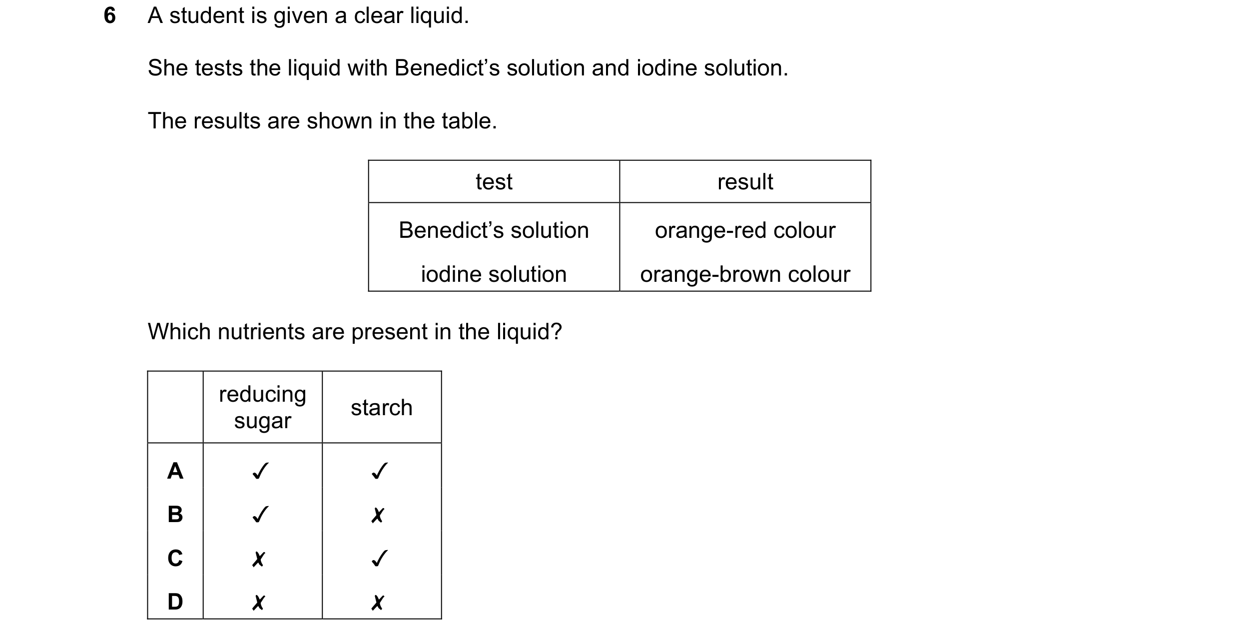 Question 25: A student is given a clear liquid.

She tests the liquid with Benedict’s solution and iodine solution.

The results are shown in the table.…