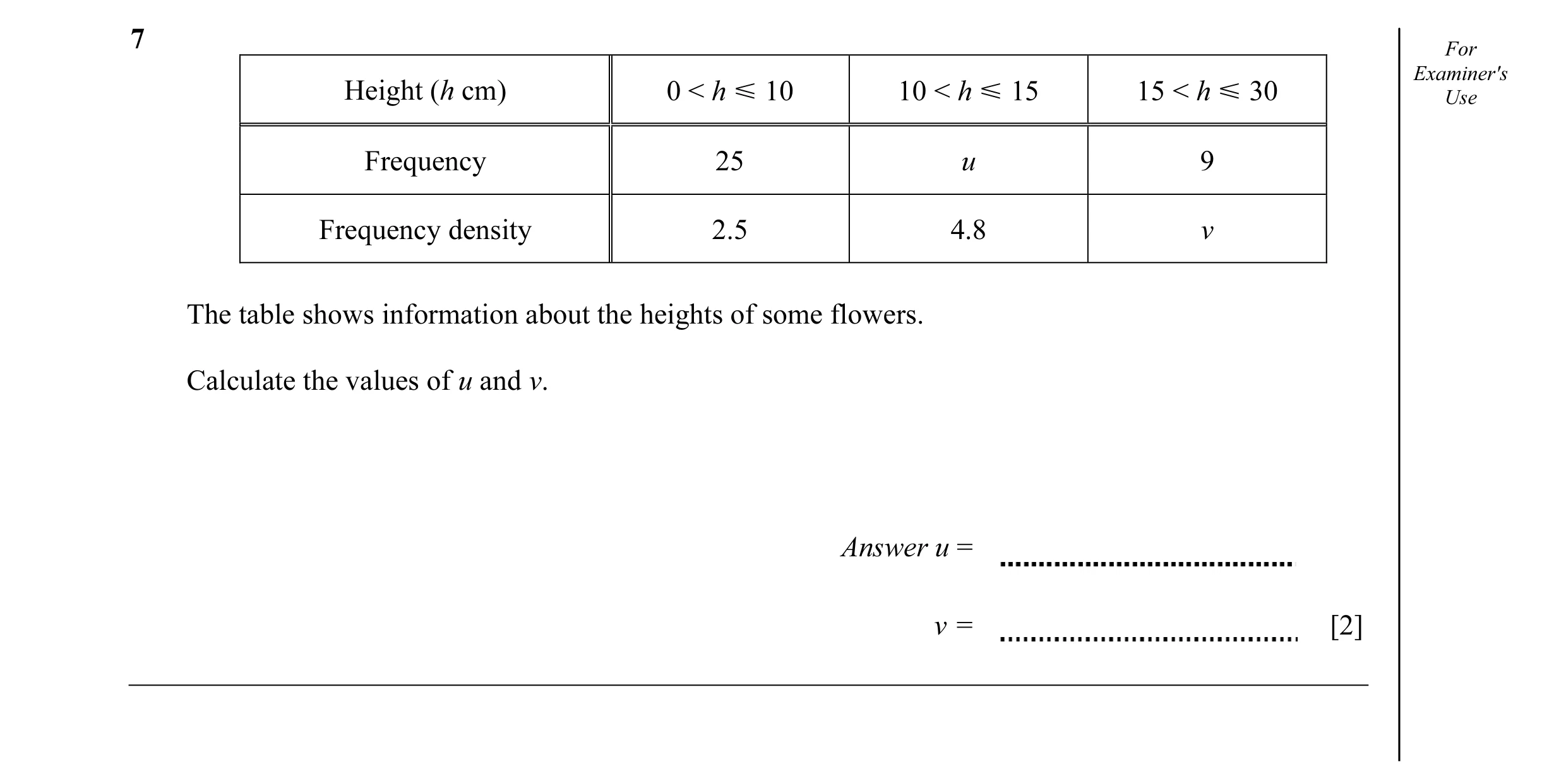 Question 3: For Examiner's Height (h cm) 0 < h Y 10 10 < h Y 15 15 < h Y 30 Use Frequency 25 u 9 Frequency density 2.5 4.8 v The table shows informatio…