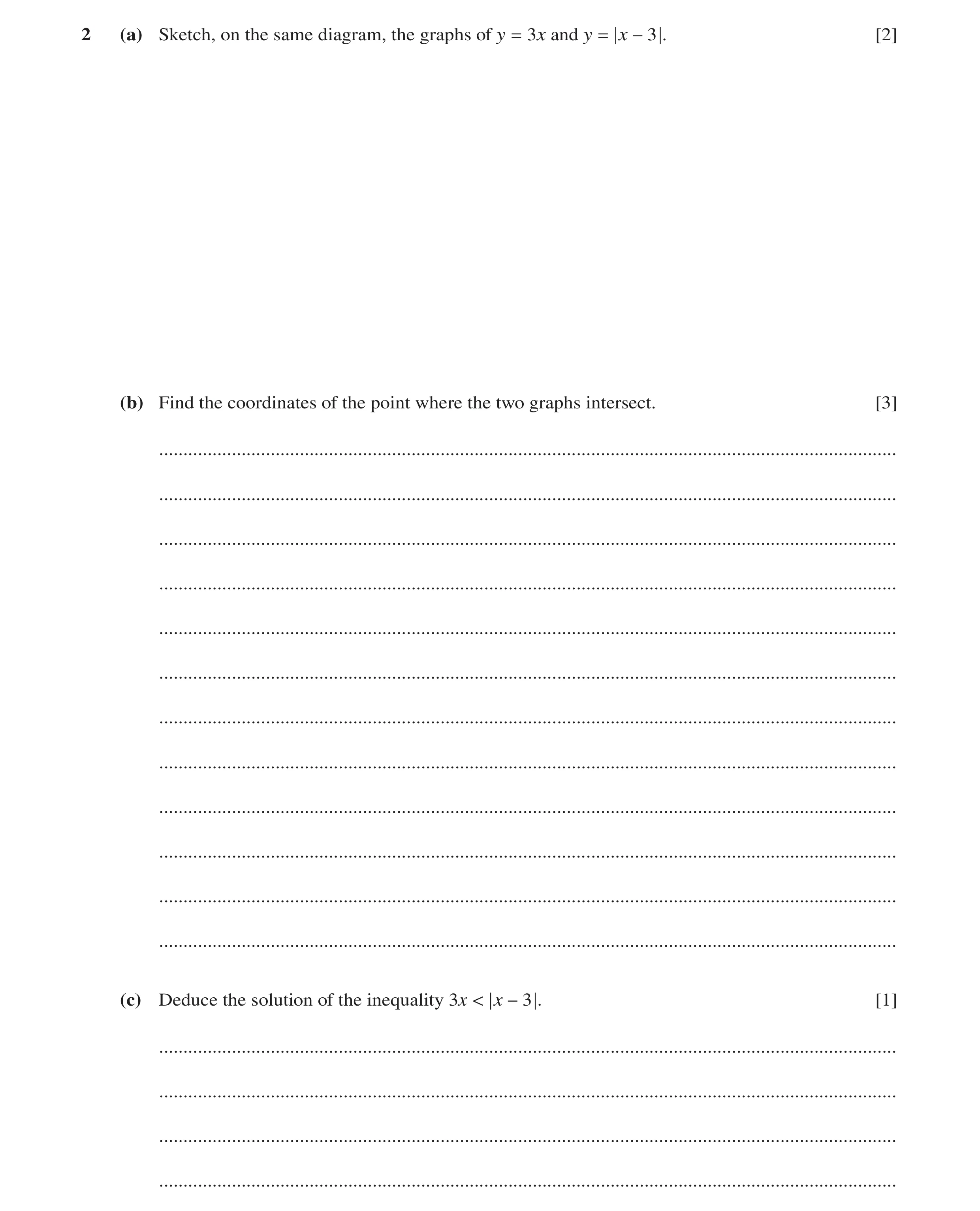 Question 83: (a) Sketch, on the same diagram, the graphs of y 3x and y x 3 . [2] (b) Find the coordinates of the point where the two graphs intersect. […