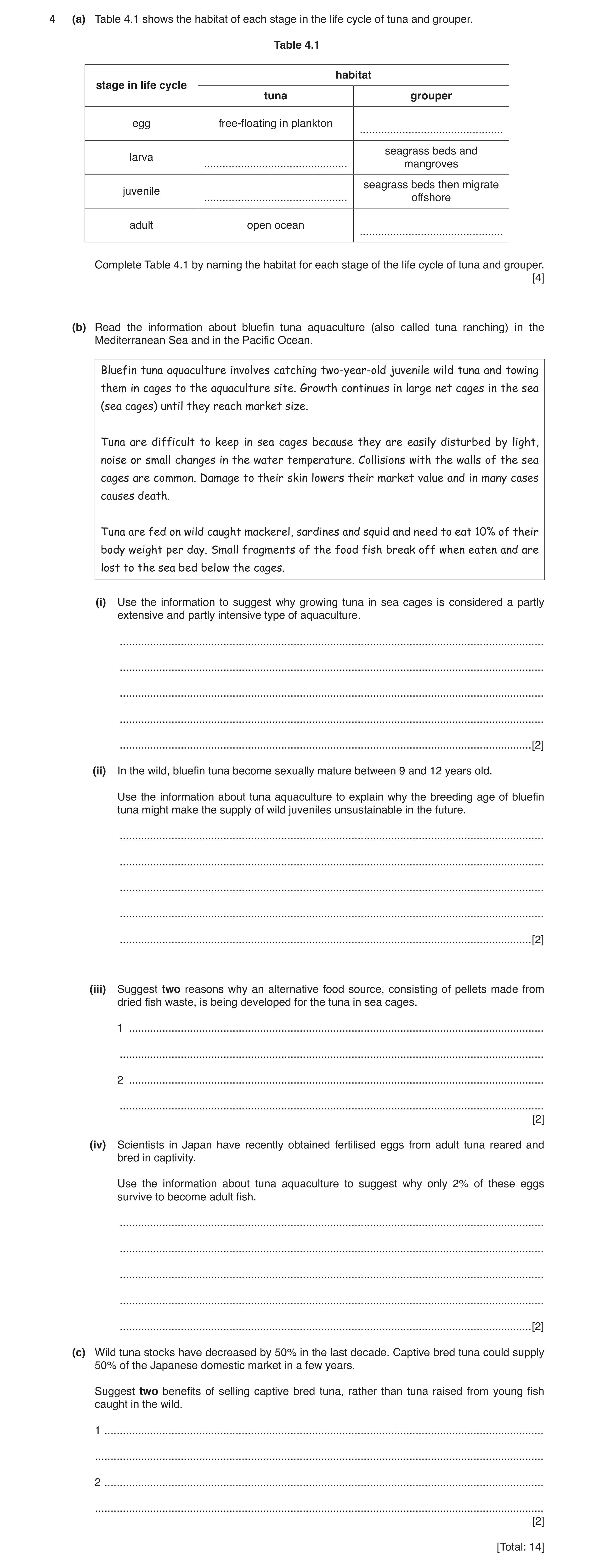 Question 4: (a) Table 4.1 shows the habitat of each stage in the life cycle of tuna and grouper. Table 4.1 habitat stage in life cycle tuna grouper egg…