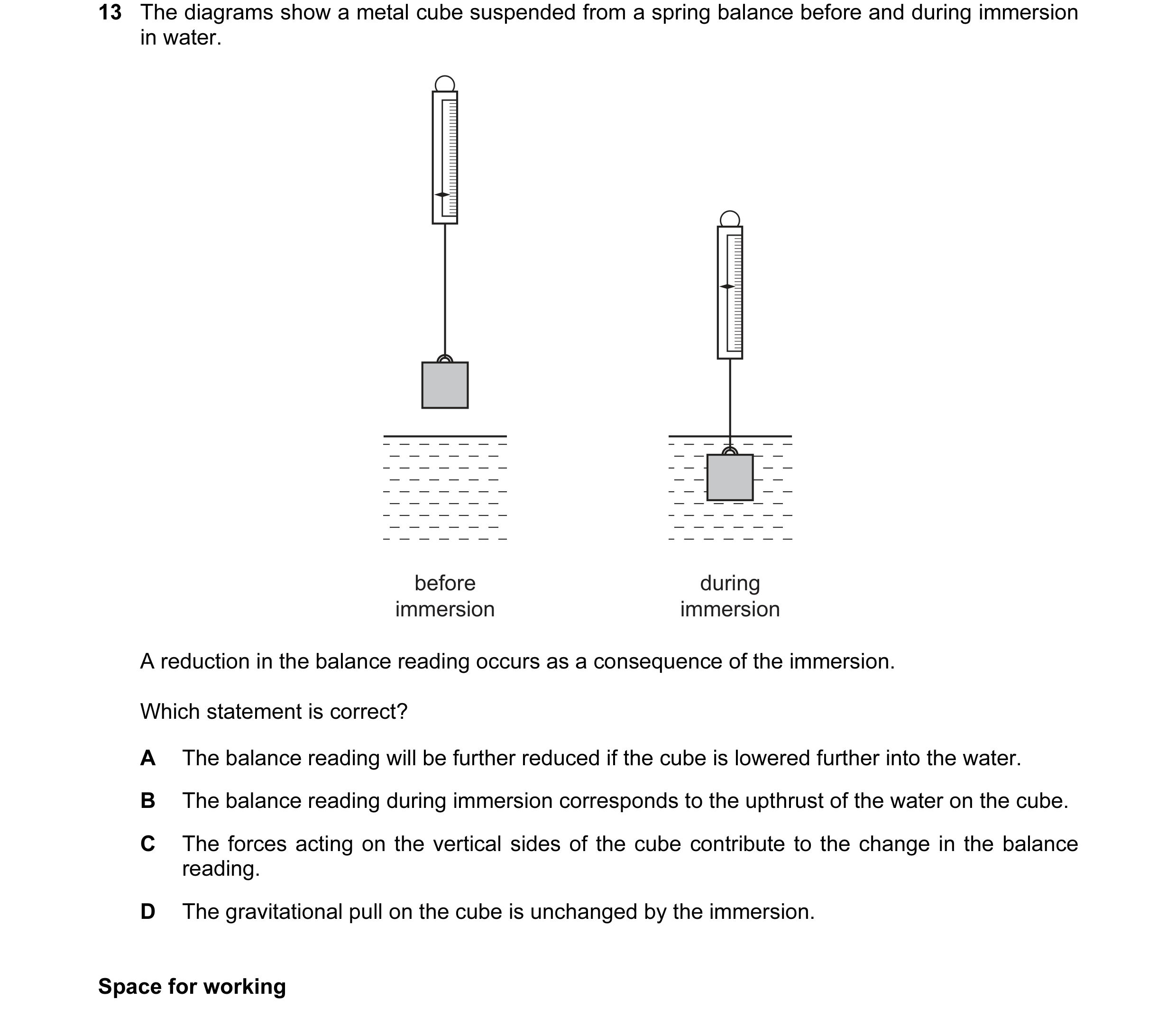 Question 21: The diagrams show a metal cube suspended from a spring balance before and during immersion in water. before during immersion immersion A re…