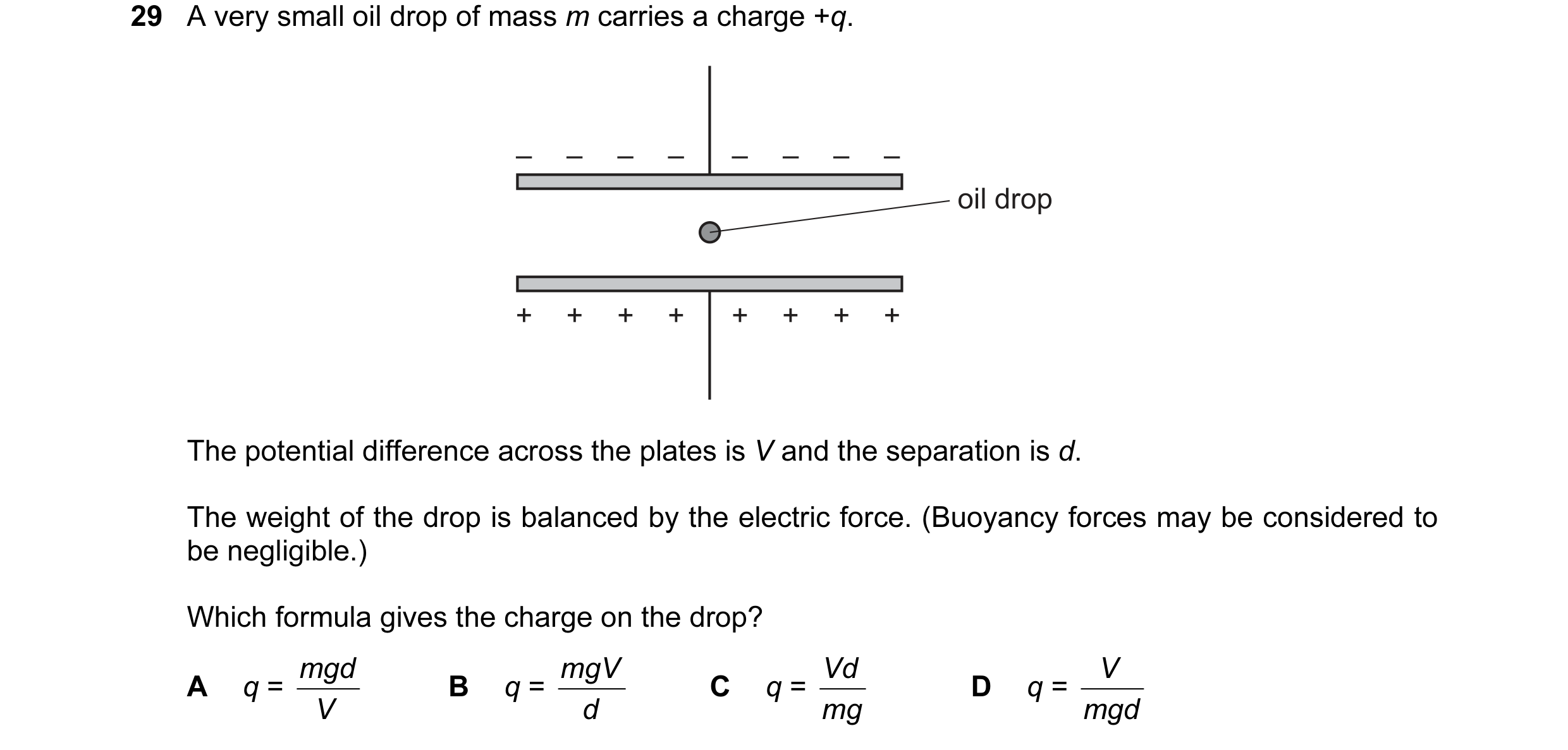 Question 24: A very small oil drop of mass m carries a charge +q. – – – – – – – – oil drop + + + + + + + + The potential difference across the plates is…
