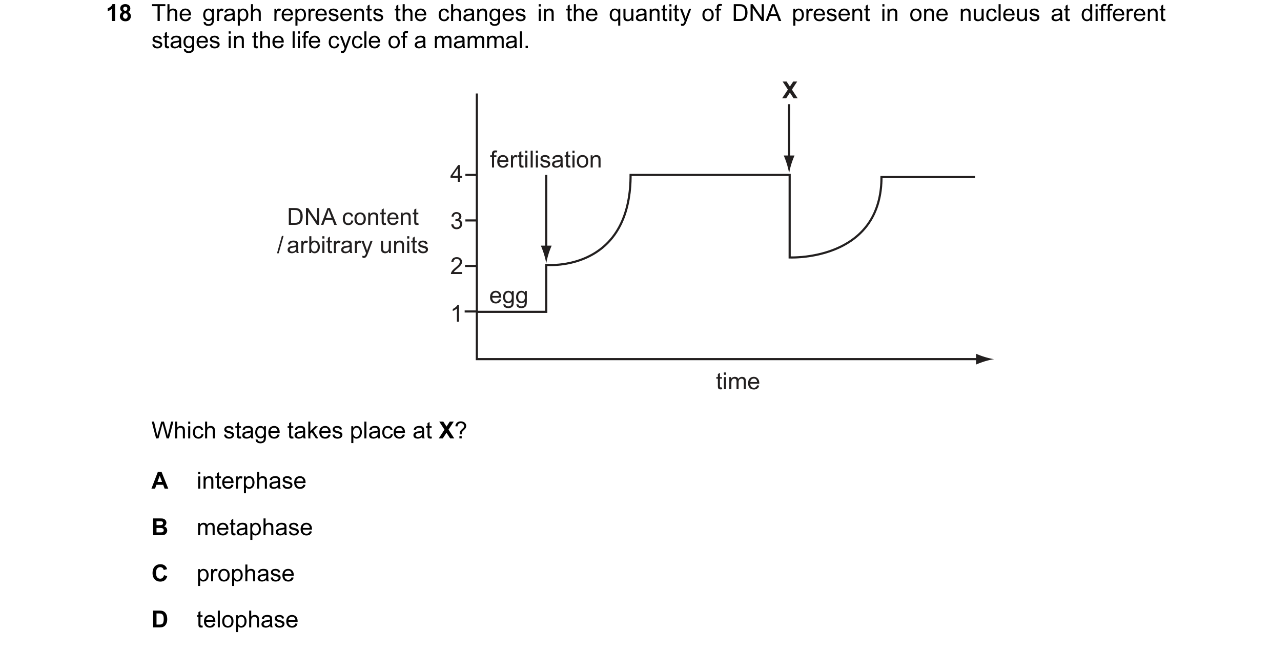 Question 25: The graph represents the changes in the quantity of DNA present in one nucleus at different stages in the life cycle of a mammal. X fertili…