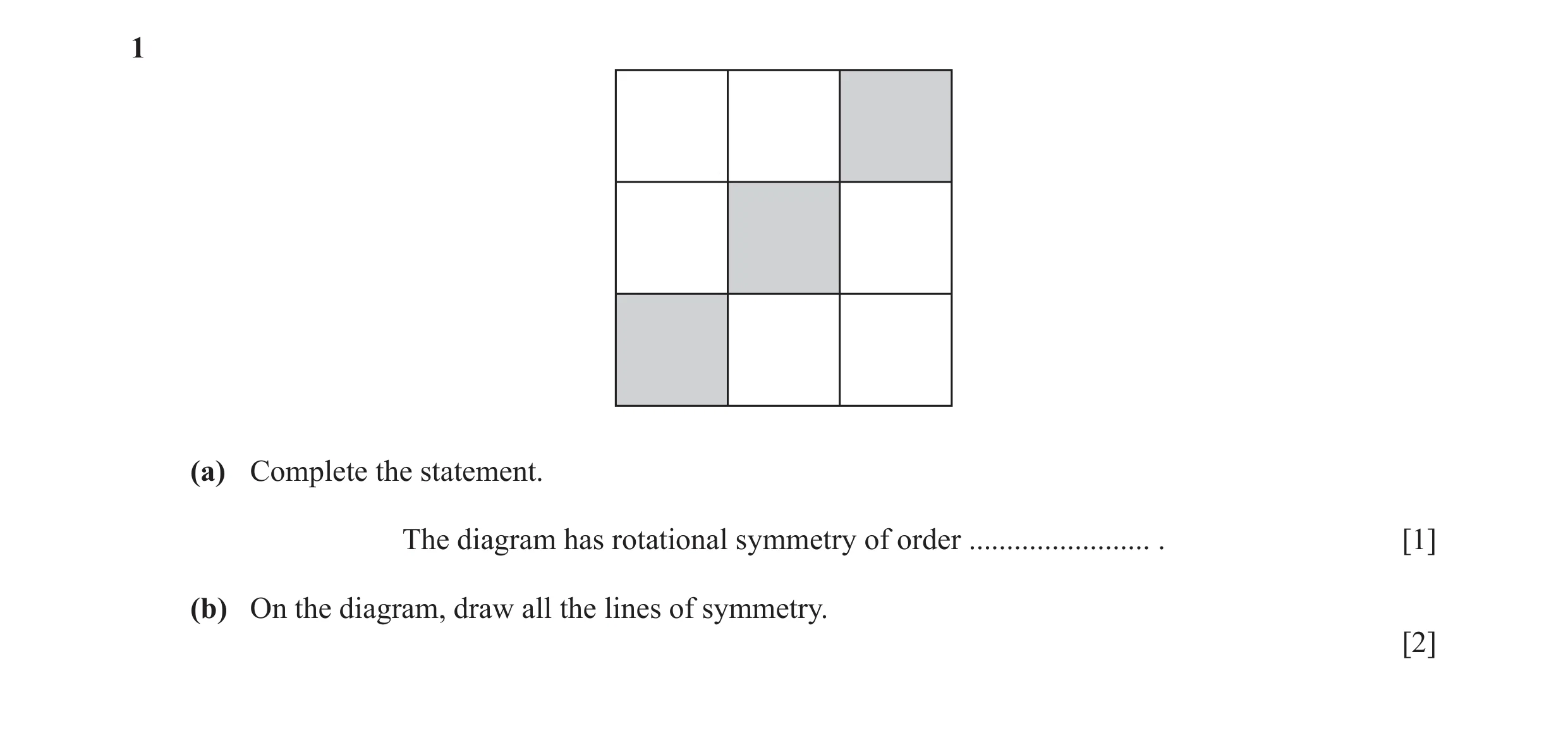 Question 15: (a) Complete the statement. The diagram has rotational symmetry of order ........................ . [1] (b) On the diagram, draw all the li…
