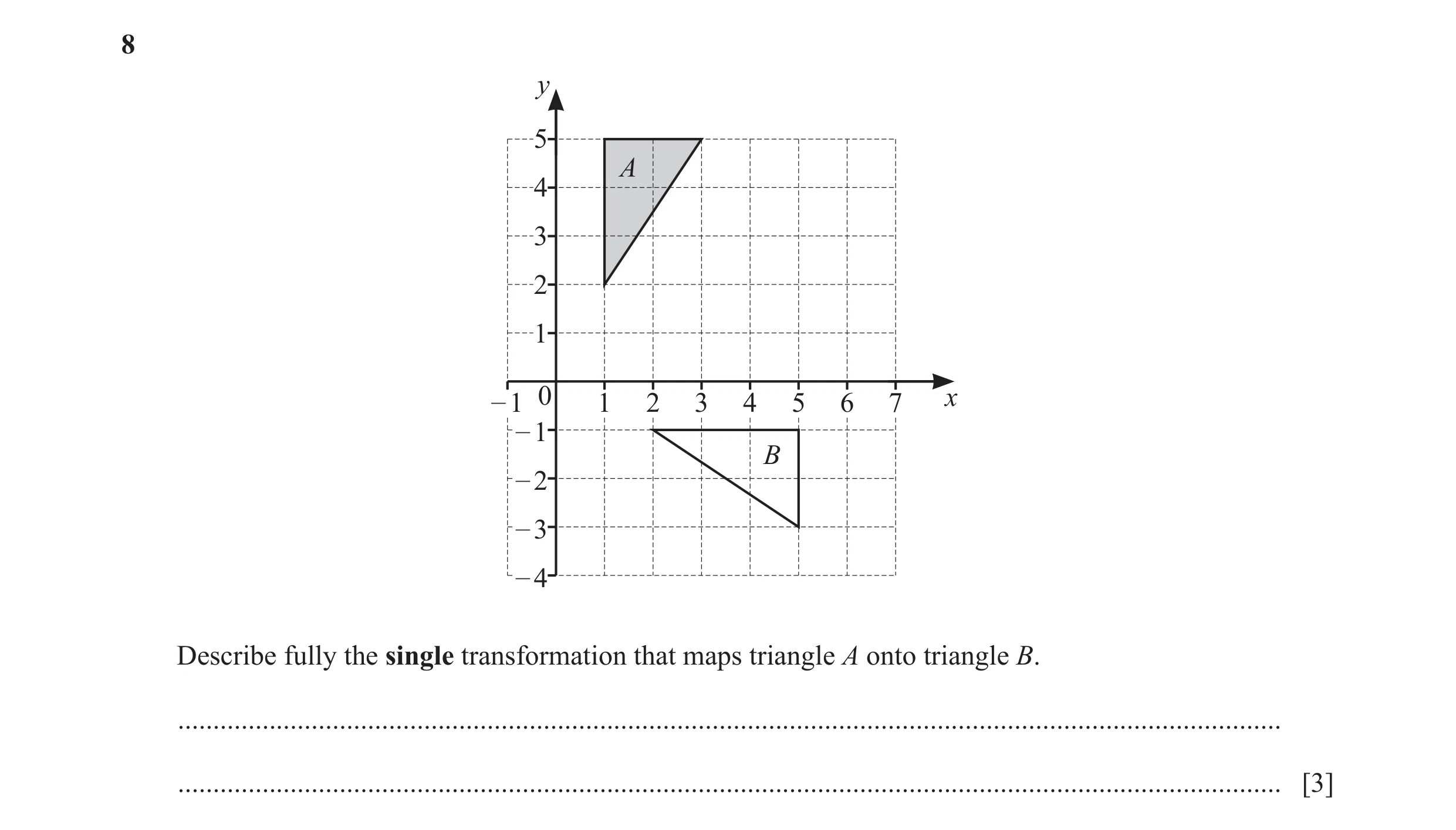 Question 32: y 5 A 4 3 2 1 – 1 0 1 2 3 4 5 6 7 x – 1 B – 2 – 3 – 4 Describe fully the single transformation that maps triangle A onto triangle B. ......…