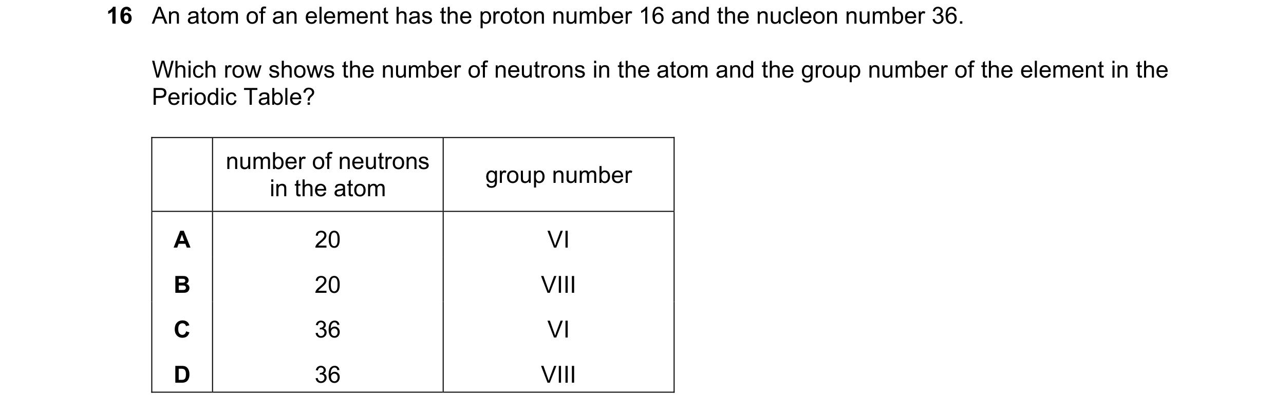 Question 8: An atom of an element has the proton number 16 and the nucleon number 36. Which row shows the number of neutrons in the atom and the group …