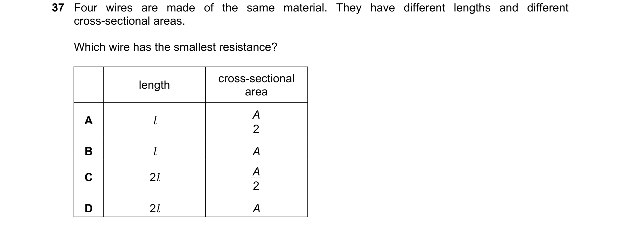Question 31: Four wires are made of the same material. They have different lengths and different cross-sectional areas. Which wire has the smallest resi…