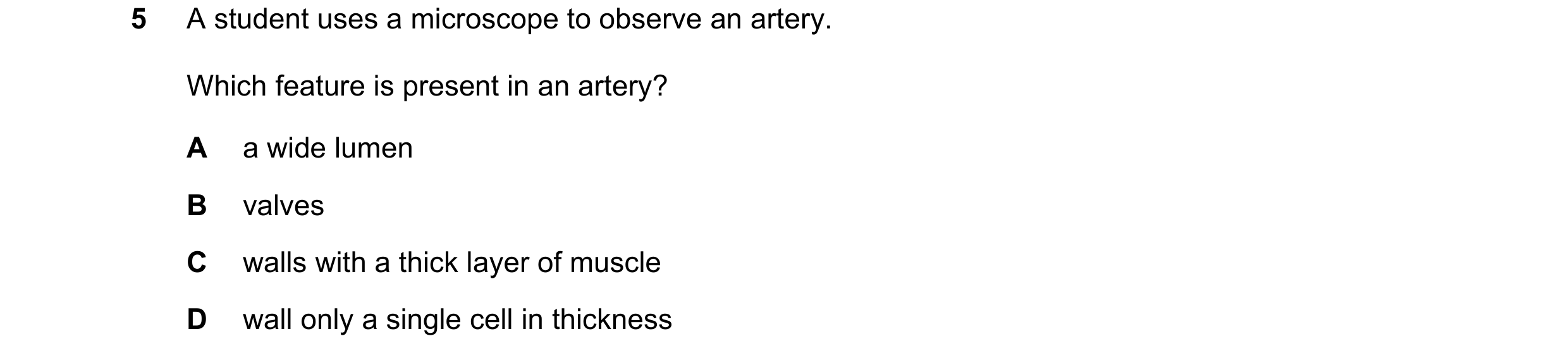 Question 3: A student uses a microscope to observe an artery. Which feature is present in an artery? A a wide lumen B valves C walls with a thick layer…