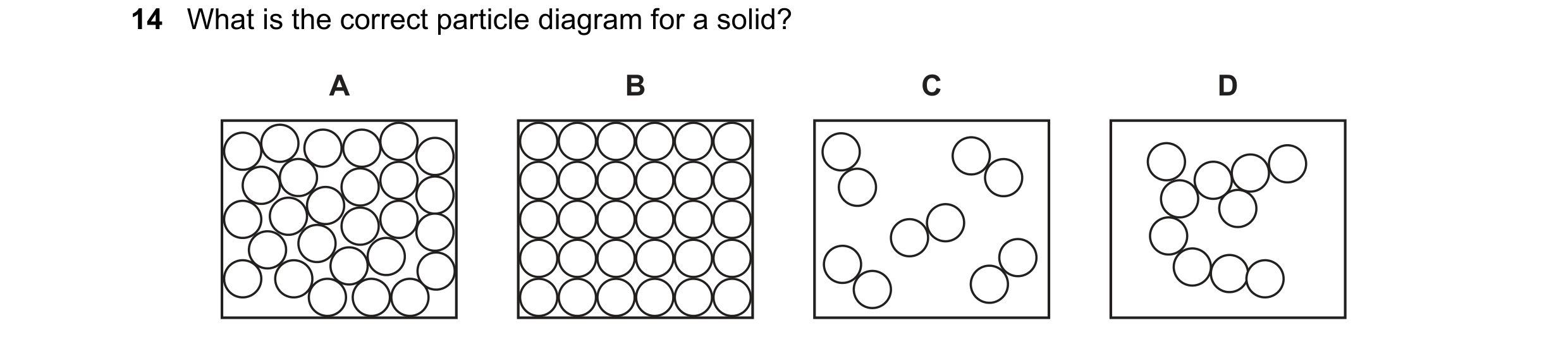 Question 184: What is the correct particle diagram for a solid? A B C D