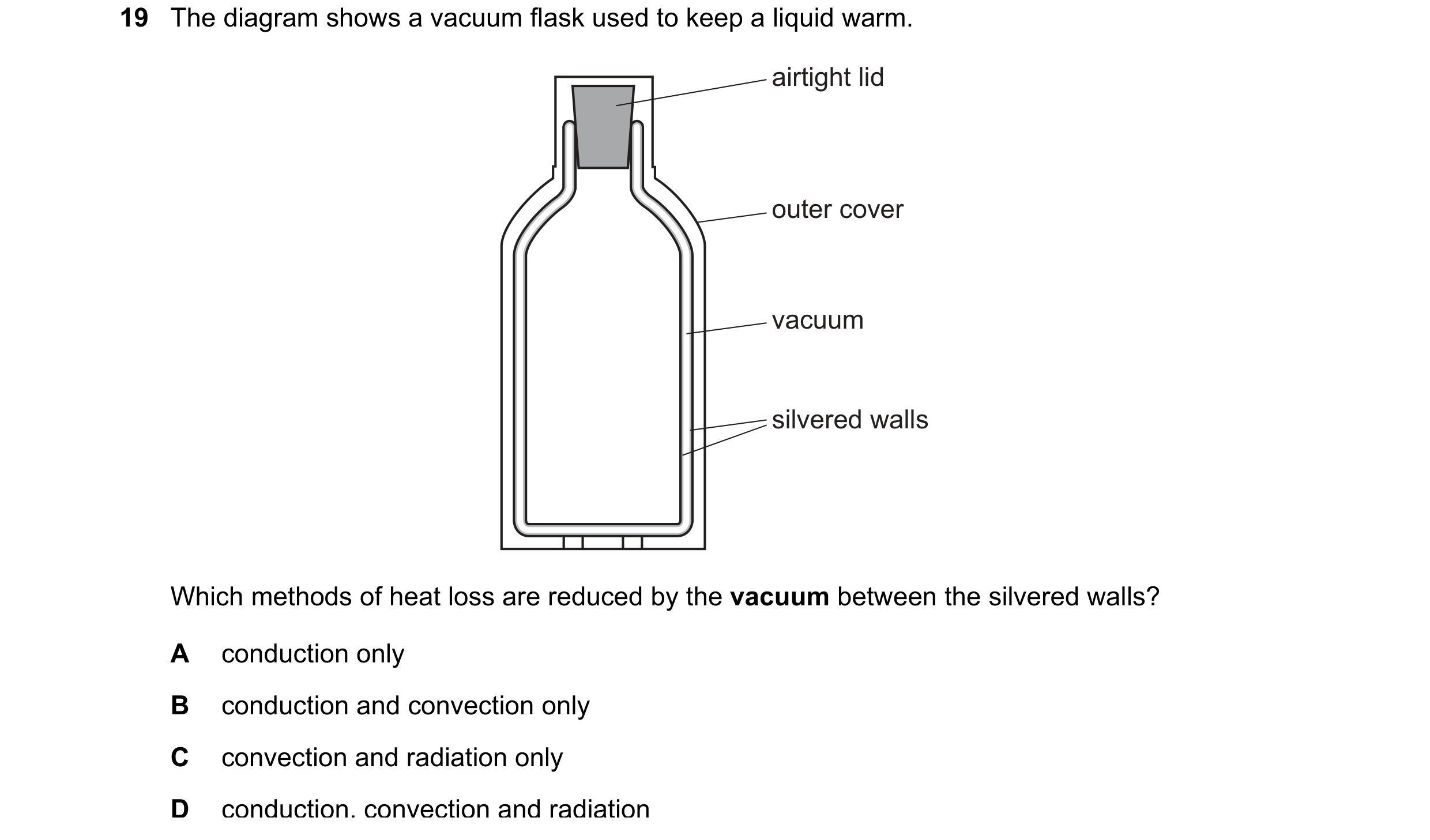 Question 140: The diagram shows a vacuum flask used to keep a liquid warm. airtight lid outer cover vacuum silvered walls Which methods of heat loss are …