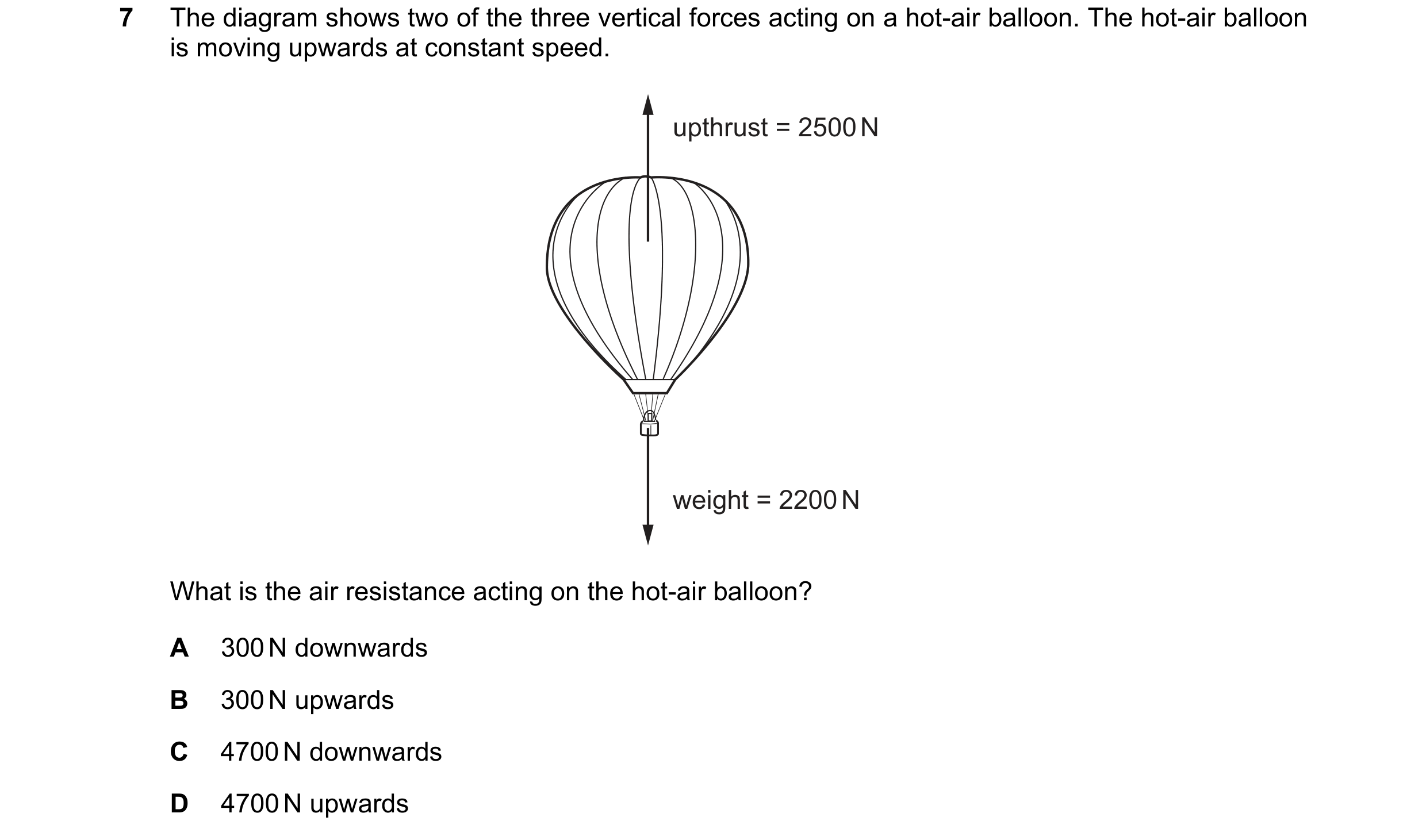 Question 184: The diagram shows two of the three vertical forces acting on a hot-air balloon. The hot-air balloon is moving upwards at constant speed. up…