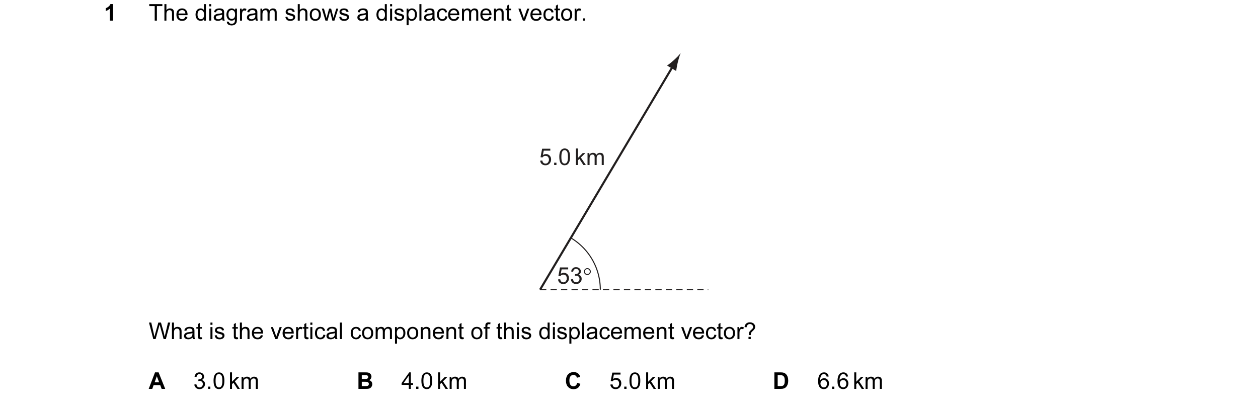 Question 32: The diagram shows a displacement vector. 5.0 km 53° What is the vertical component of this displacement vector? A 3.0 km B 4.0 km C 5.0 km …