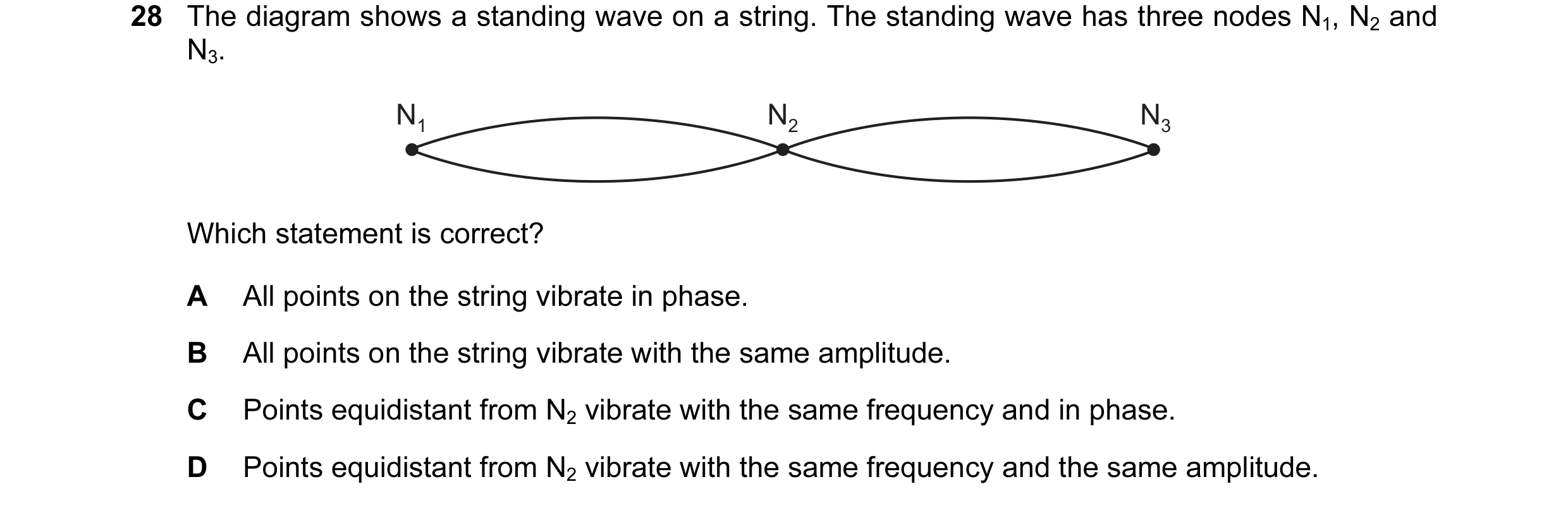 Question 31: The diagram shows a standing wave on a string. The standing wave has three nodes N1, N2 and N3. N1 N2 N3 Which statement is correct? A All …