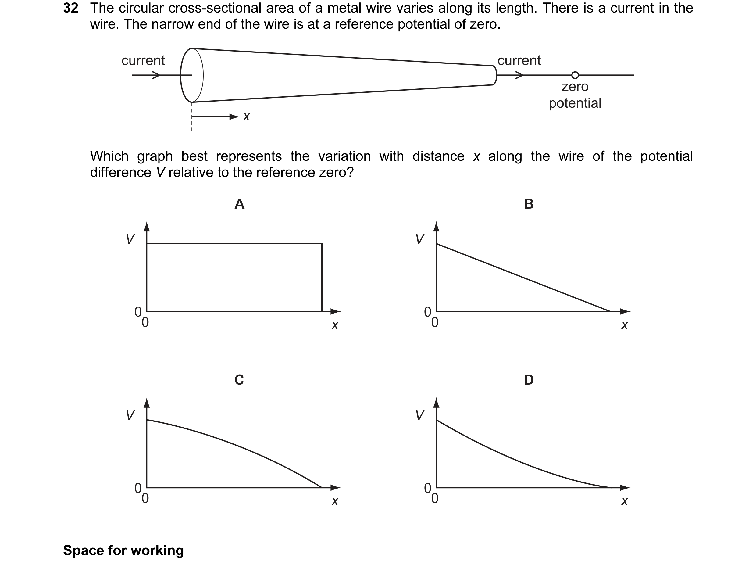 Question 46: The circular cross-sectional area of a metal wire varies along its length. There is a current in the wire. The narrow end of the wire is at…