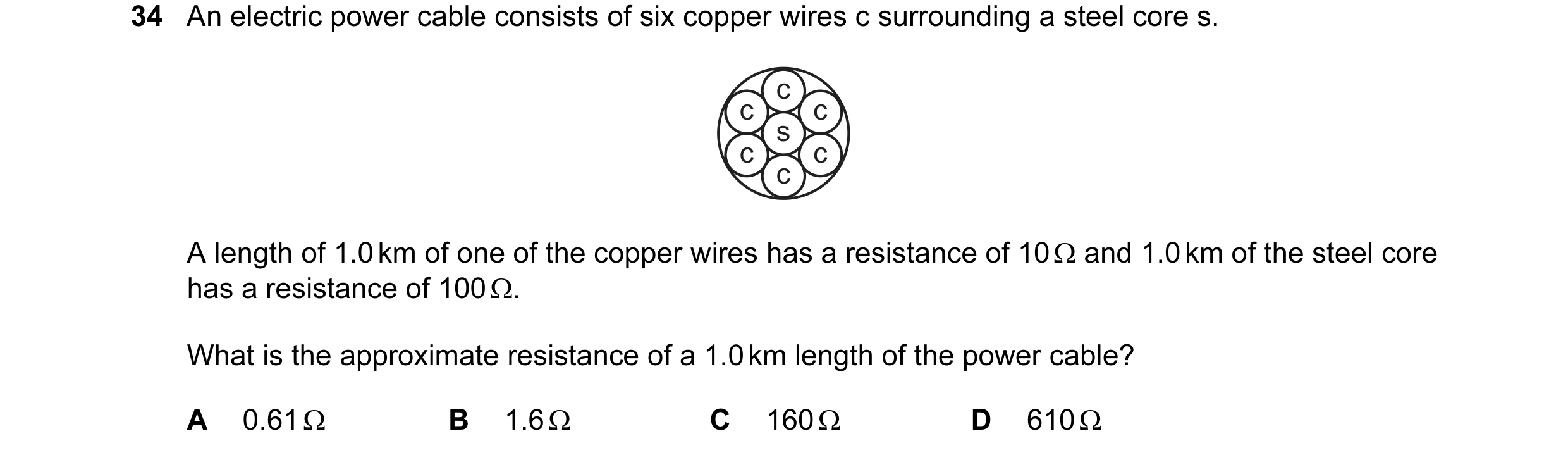 Question 48: An electric power cable consists of six copper wires c surrounding a steel core s. c c c s c c c A length of 1.0 km of one of the copper wi…