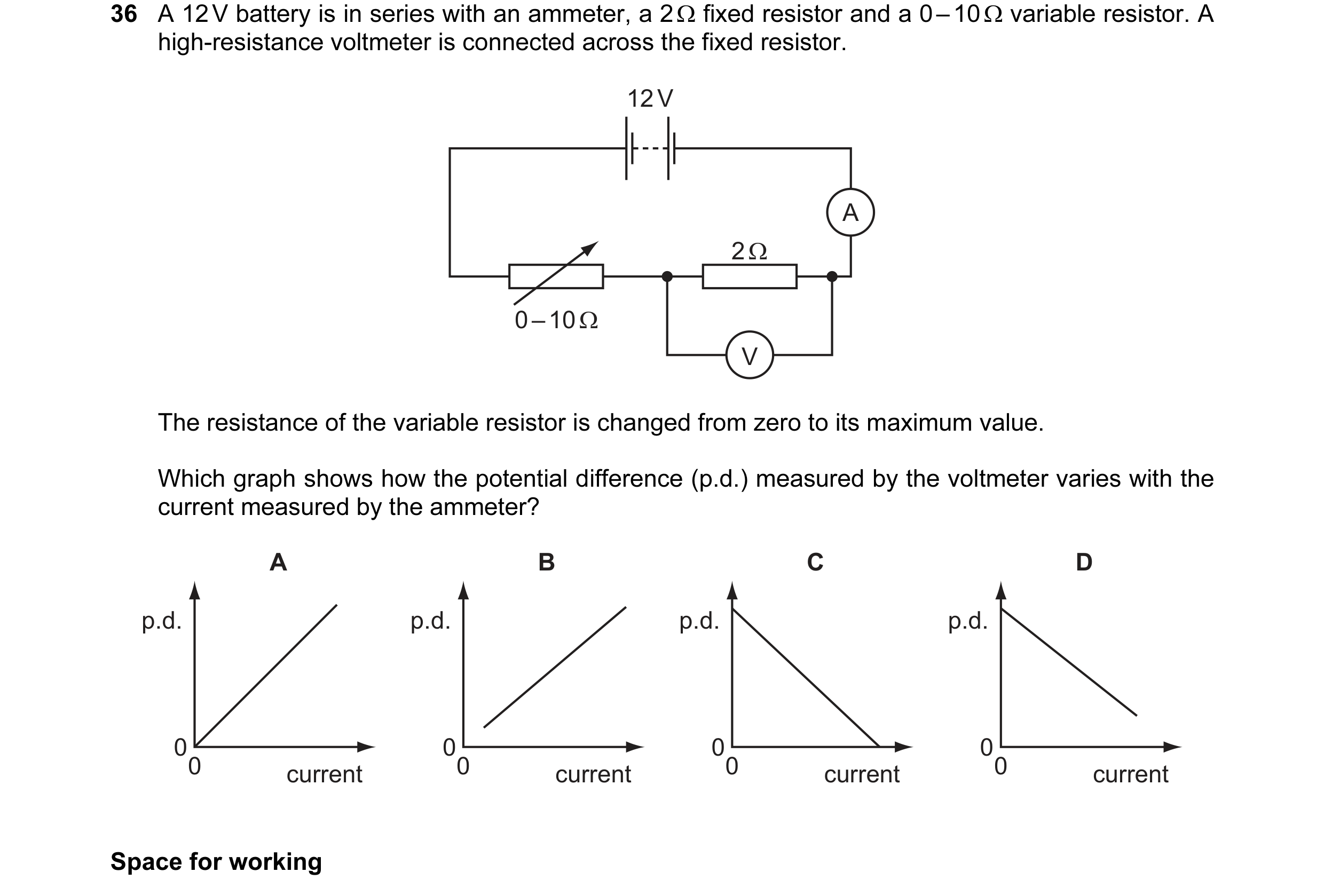 Question 33: A 12 V battery is in series with an ammeter, a 2 Ω fixed resistor and a 0 – 10 Ω variable resistor. A high-resistance voltmeter is connecte…