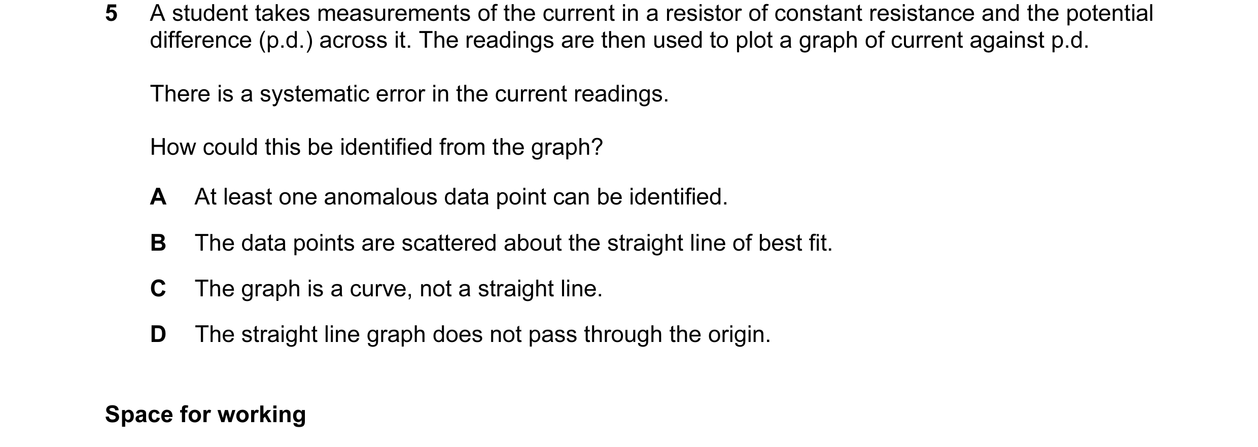 Question 41: A student takes measurements of the current in a resistor of constant resistance and the potential difference (p.d.) across it. The reading…