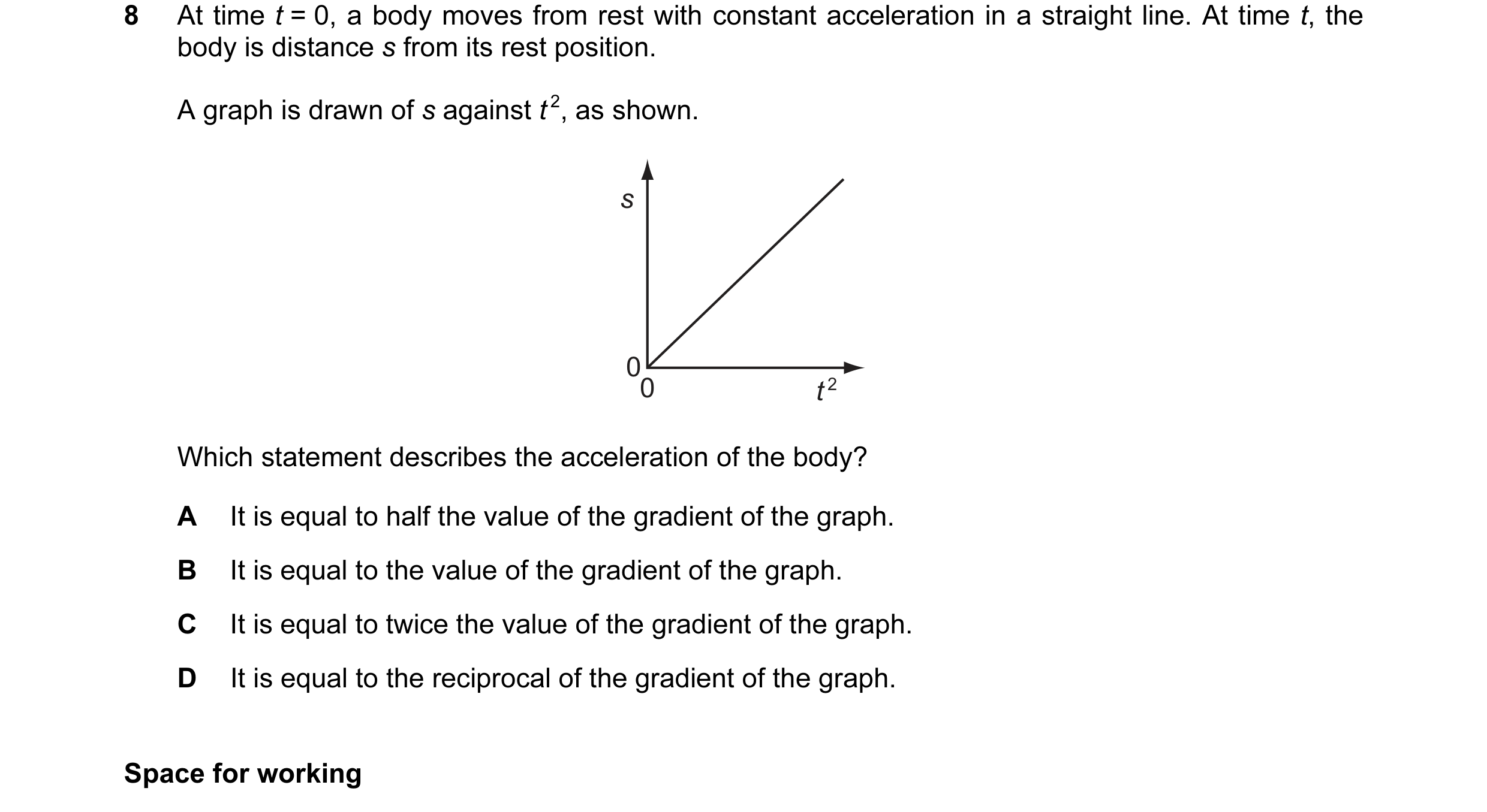 Question 66: At time t = 0, a body moves from rest with constant acceleration in a straight line. At time t, the body is distance s from its rest positi…