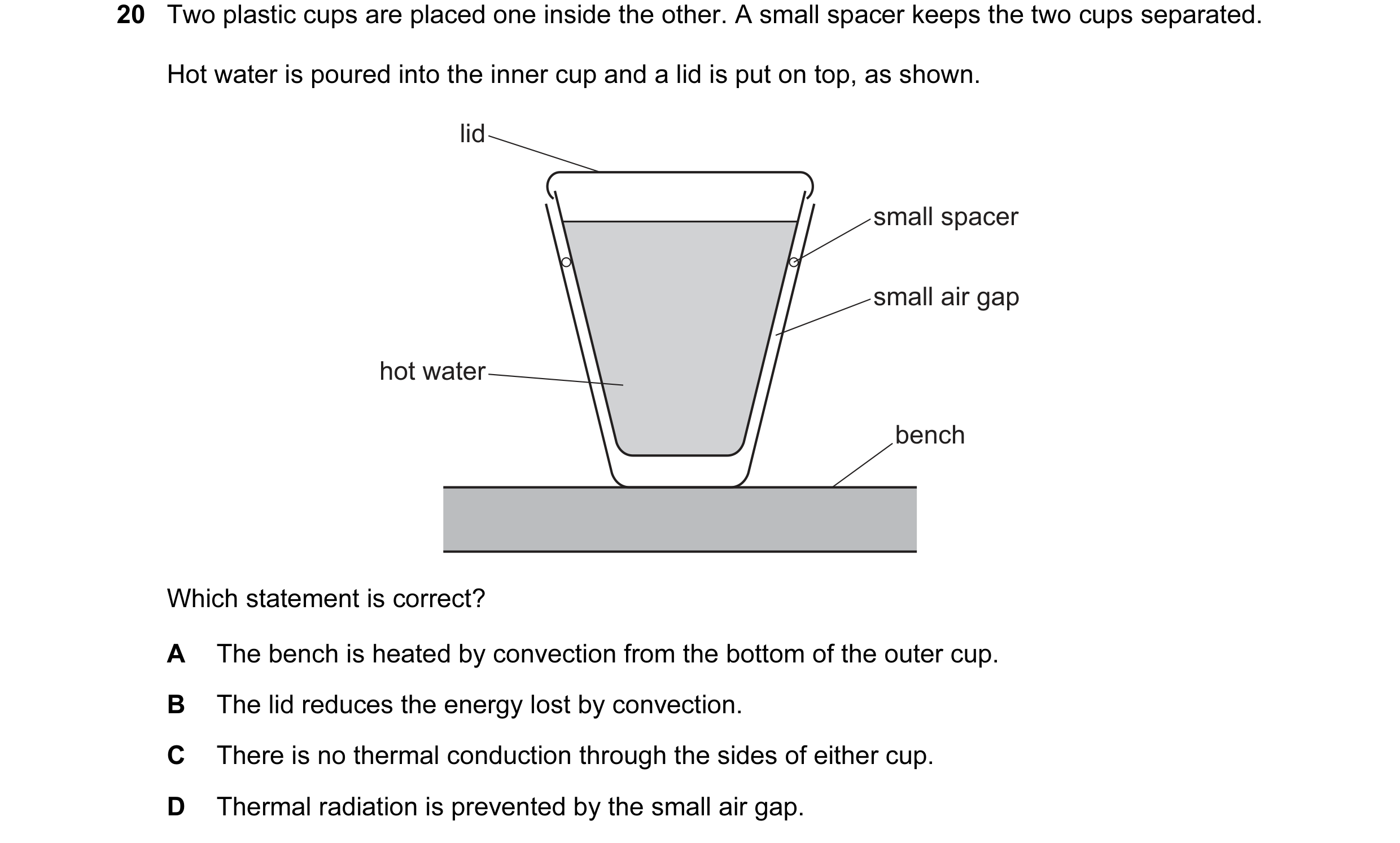 Question 2: Two plastic cups are placed one inside the other. A small spacer keeps the two cups separated. Hot water is poured into the inner cup and a…