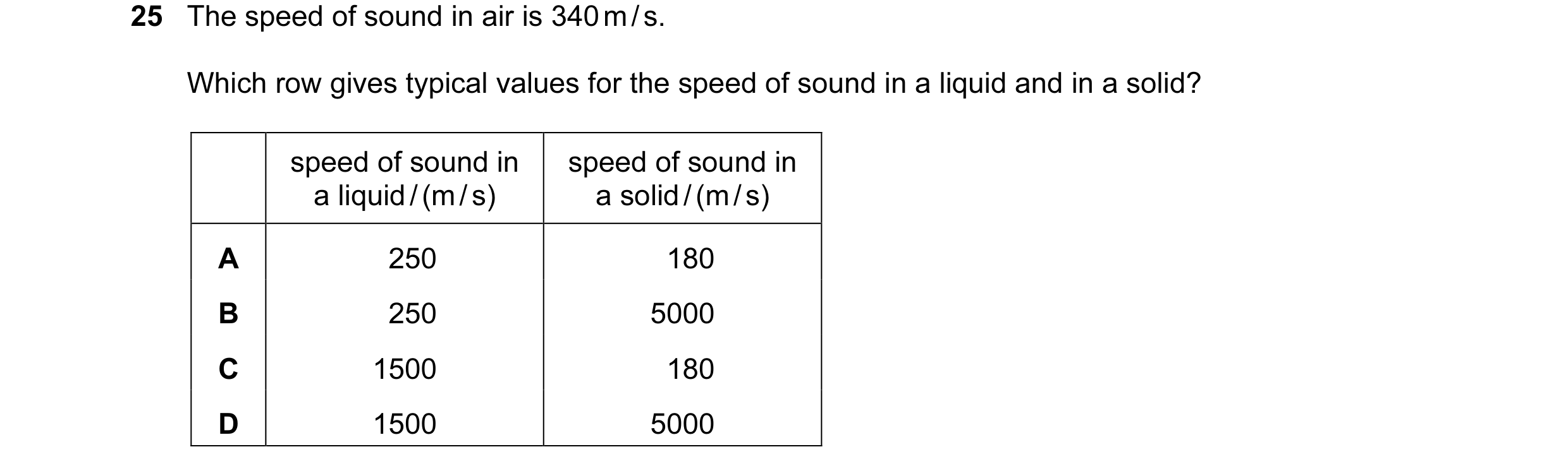 Question 2: The speed of sound in air is 340 m / s. Which row gives typical values for the speed of sound in a liquid and in a solid? speed of sound in…