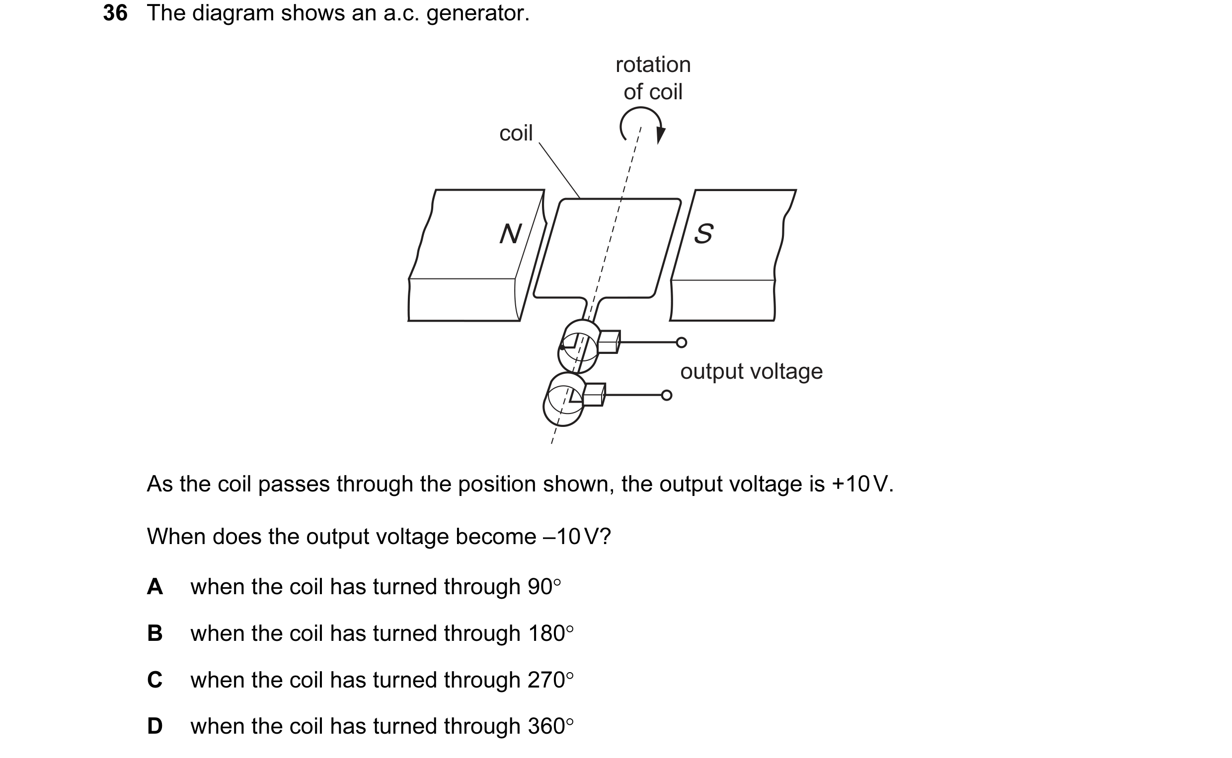 Question 3: The diagram shows an a.c. generator. rotation of coil coil N S output voltage As the coil passes through the position shown, the output vol…