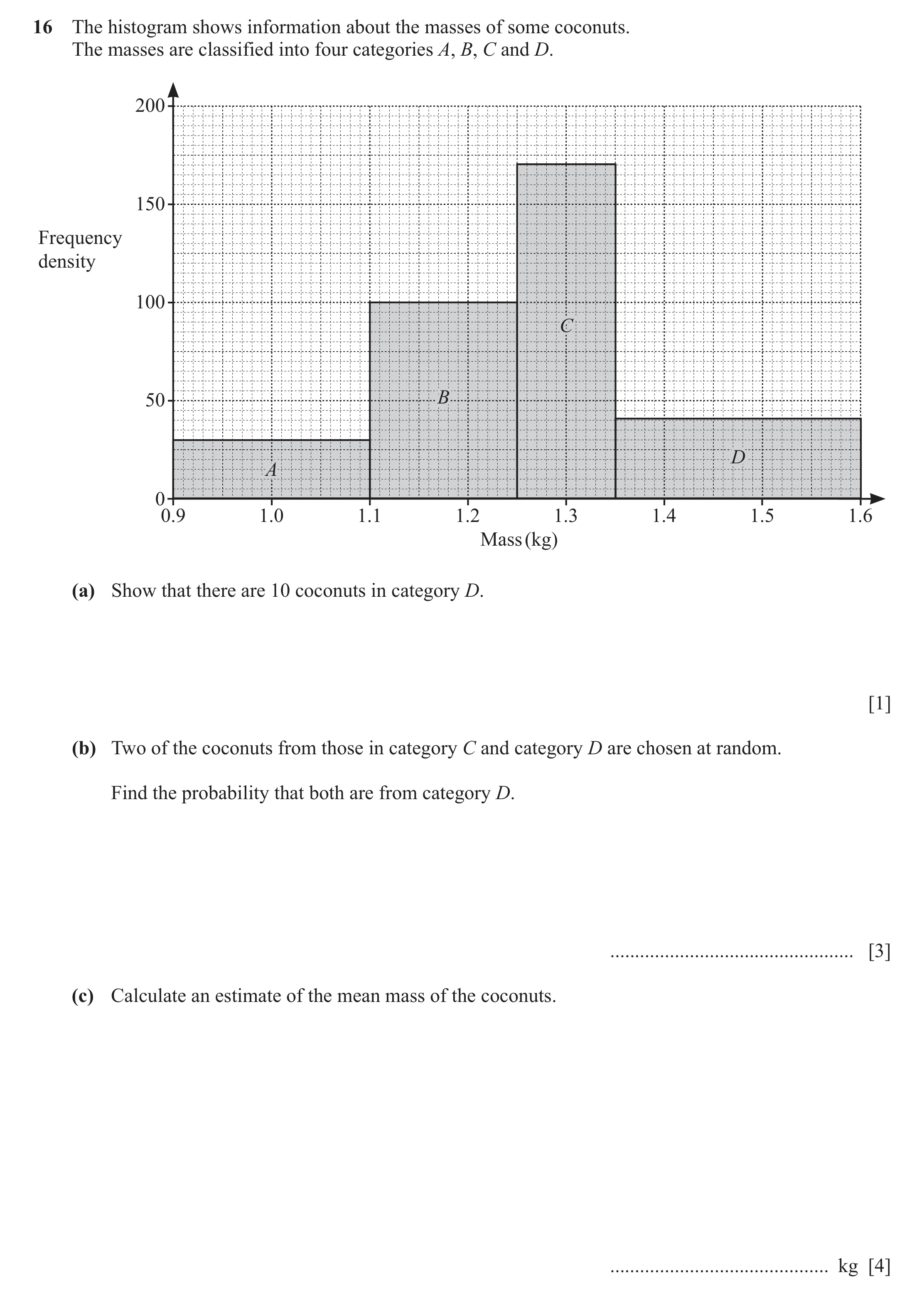 Question 27: The histogram shows information about the masses of some coconuts. The masses are classified into four categories A, B, C and D. 200 150 Fr…