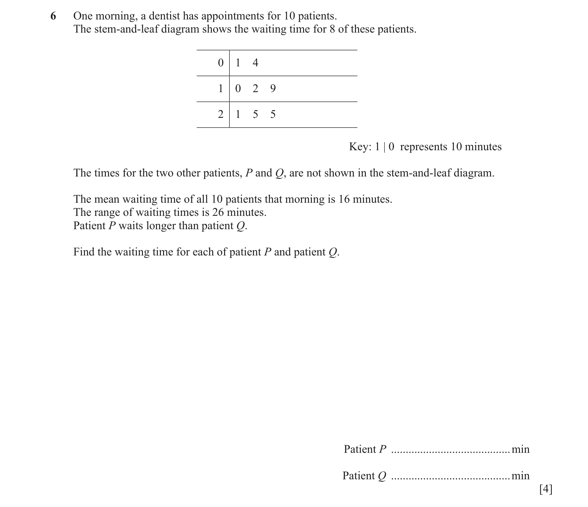 Question 47: One morning, a dentist has appointments for 10 patients. The stem-and-leaf diagram shows the waiting time for 8 of these patients. 0 1 4 1 …