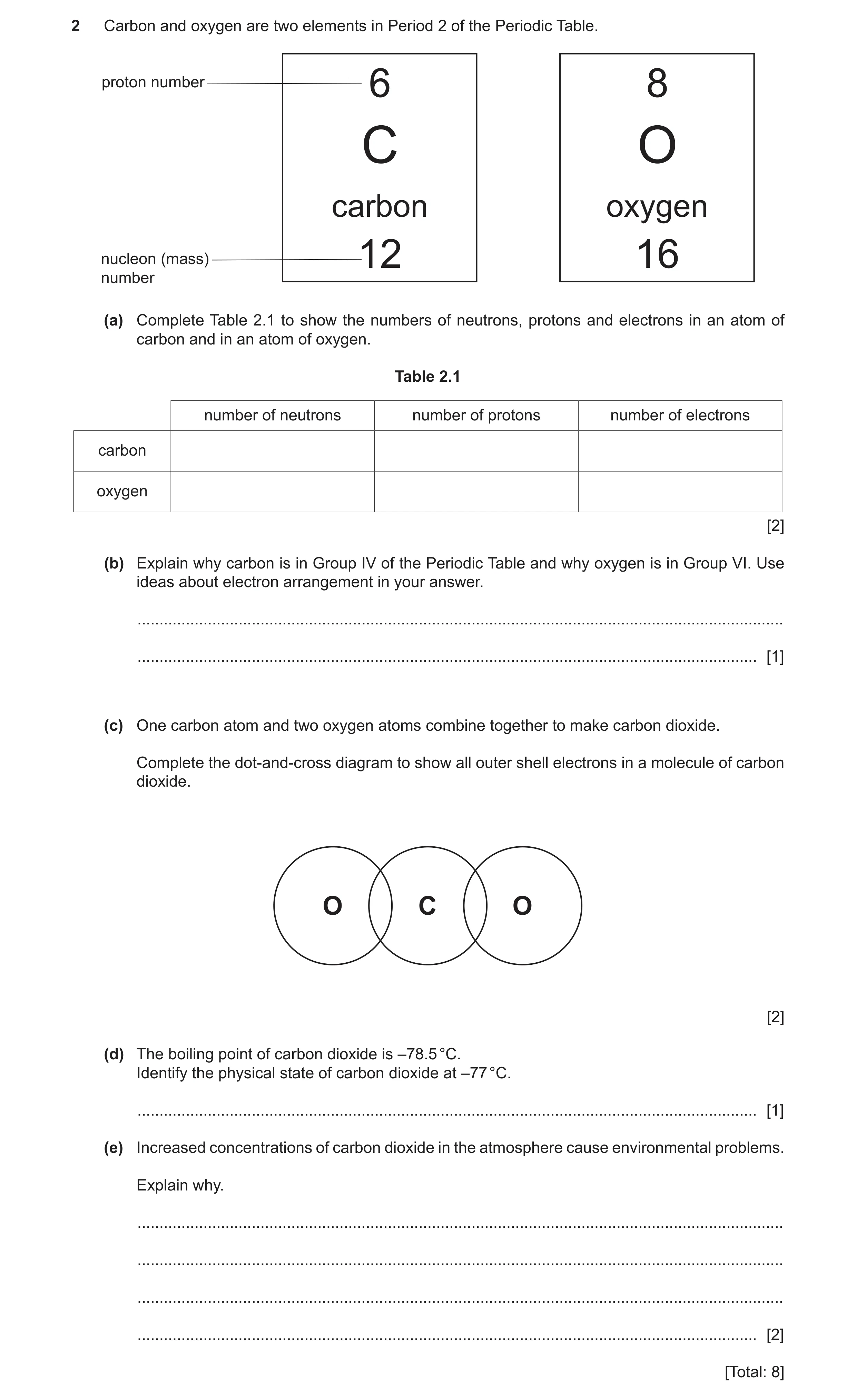 Question 17: Carbon and oxygen are two elements in Period 2 of the Periodic Table. proton number 6 8 C O carbon oxygen nucleon (mass) 12 16 number (a) C…