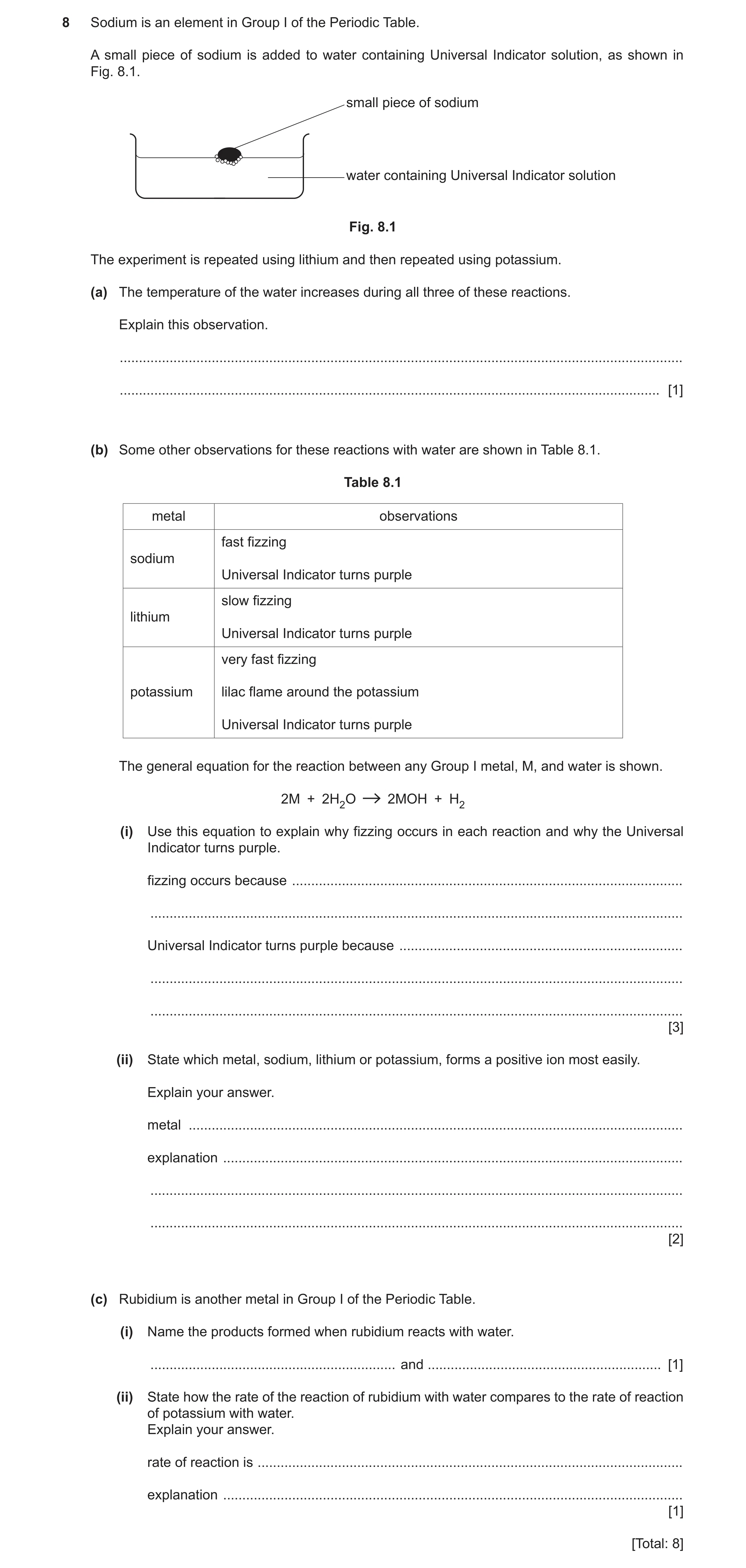 Question 8: Sodium is an element in Group I of the Periodic Table. A small piece of sodium is added to water containing Universal Indicator solution, a…