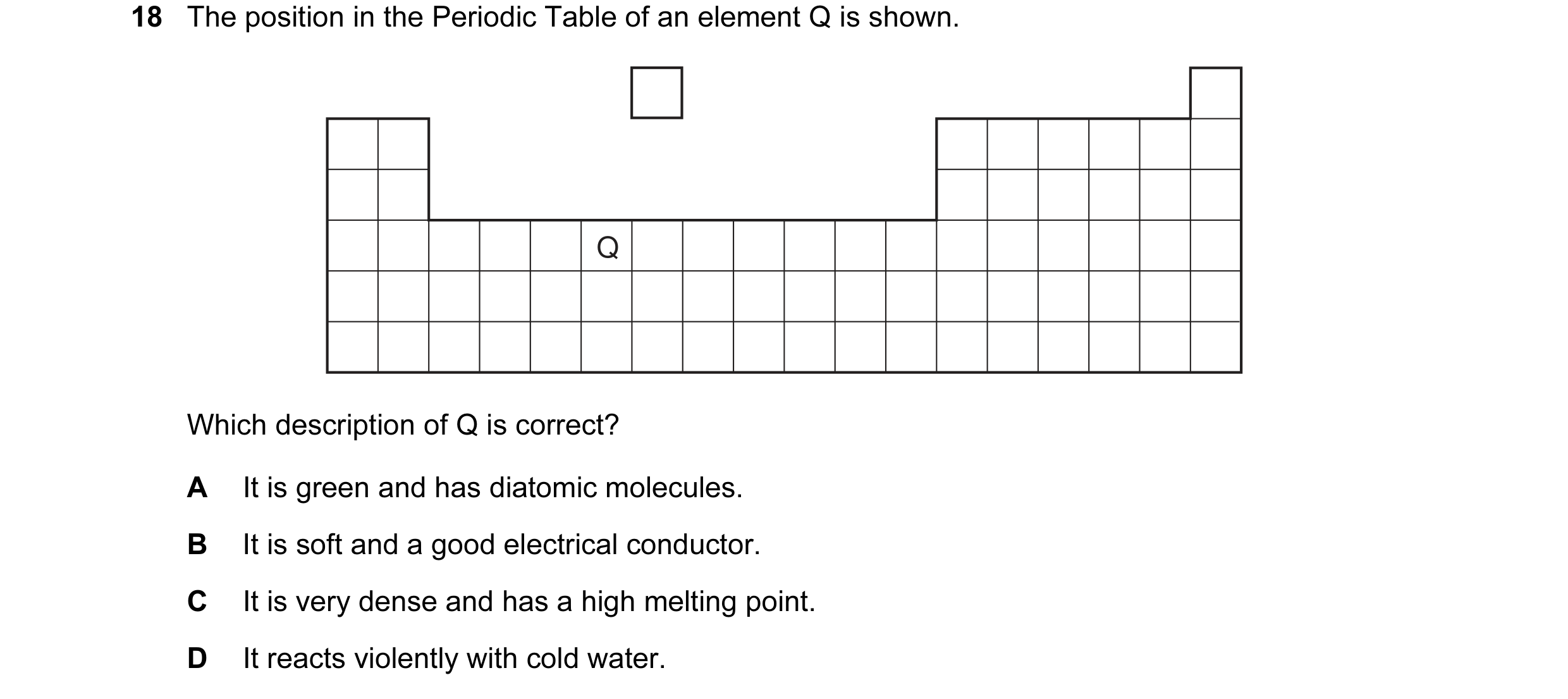 Question 9: The position in the Periodic Table of an element Q is shown. Q Which description of Q is correct? A It is green and has diatomic molecules.…