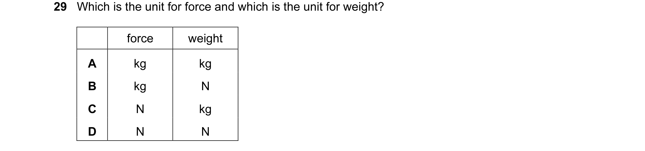 Question 11: Which is the unit for force and which is the unit for weight? force weight A kg kg B kg N C N kg D N N