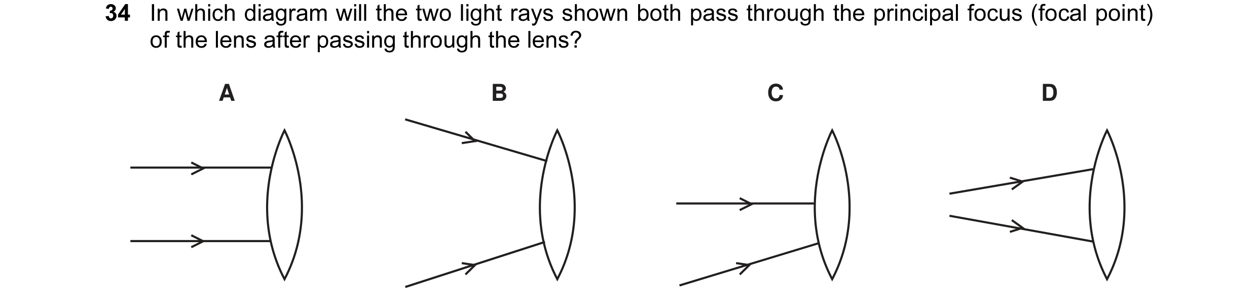 Question 16: In which diagram will the two light rays shown both pass through the principal focus (focal point) of the lens after passing through the le…