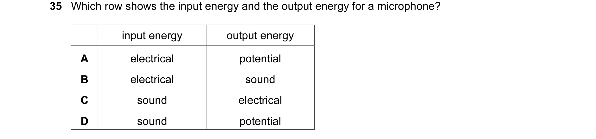 Question 10: Which row shows the input energy and the output energy for a microphone? input energy output energy A electrical potential B electrical sou…