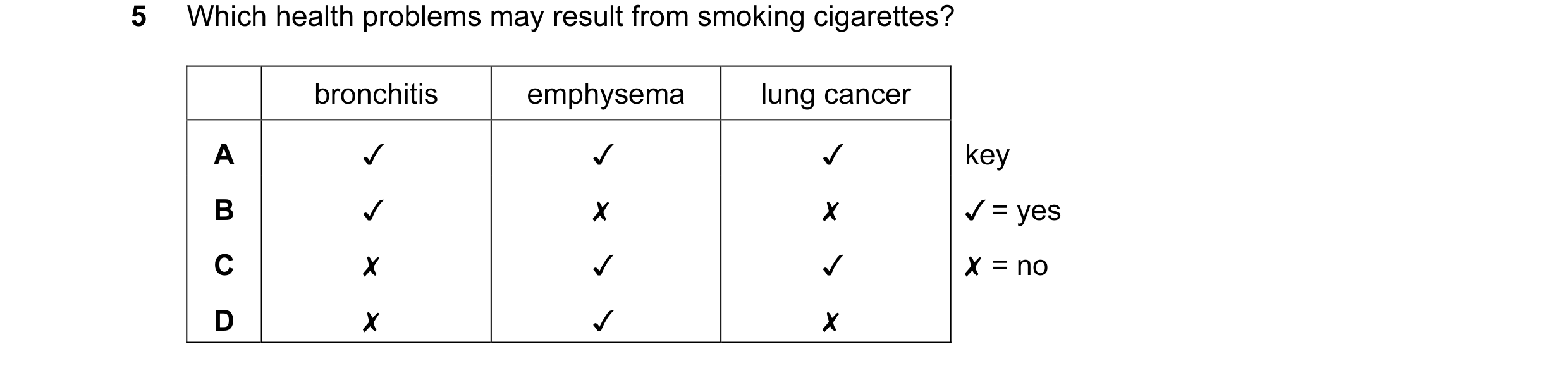 Question 6: Which health problems may result from smoking cigarettes?
bronchitis emphysema lung cancer
A v v v
B v x x
Cc x v v
D x v x
key
Jv = yes
…