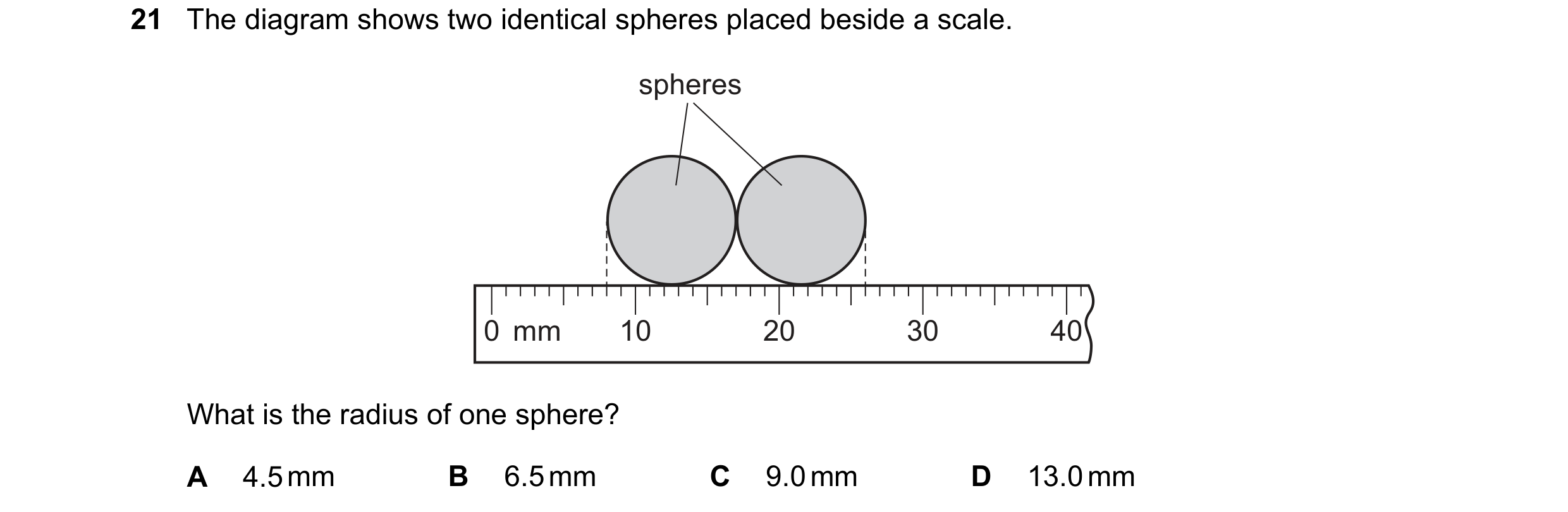 Question 14: The diagram shows two identical spheres placed beside a scale. spheres 0 mm 10 20 30 40 What is the radius of one sphere? A 4.5 mm B 6.5 mm…