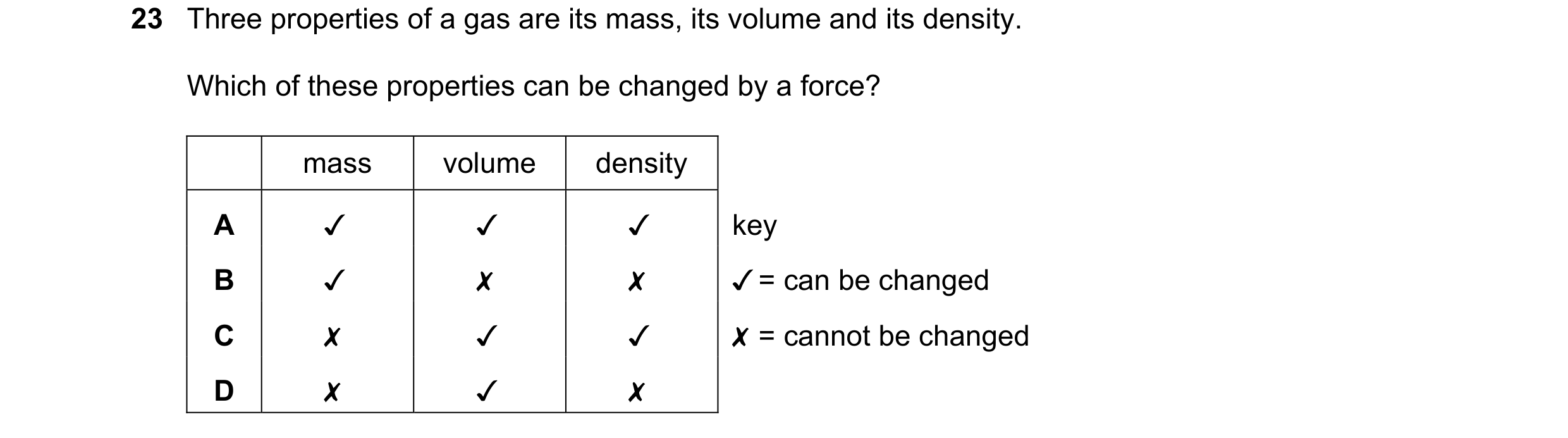 Question 17: Three properties of a gas are its mass, its volume and its density.

Which of these properties can be changed by a force?

mass volume dens…