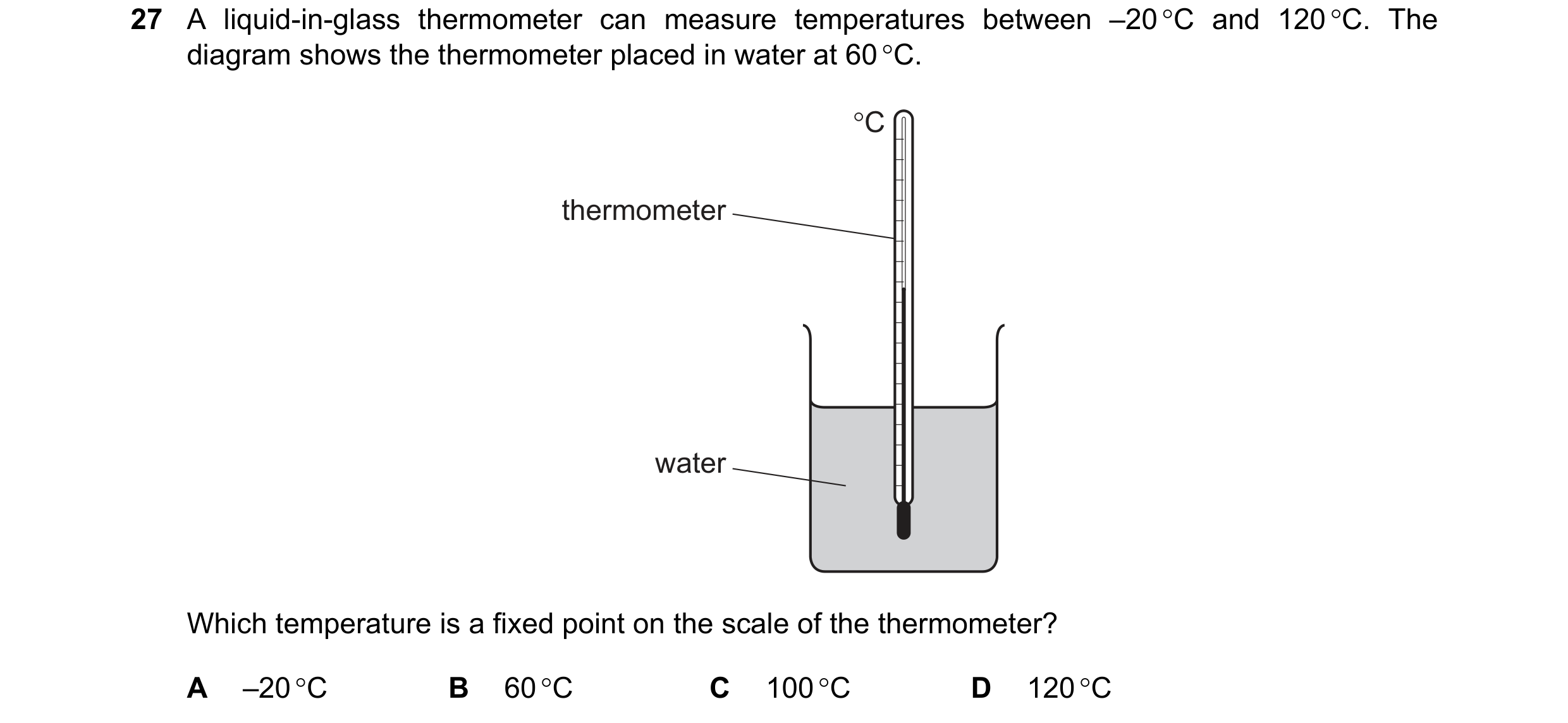 Question 14: A liquid-in-glass thermometer can measure temperatures between –20 °C and 120 °C. The diagram shows the thermometer placed in water at 60 °…