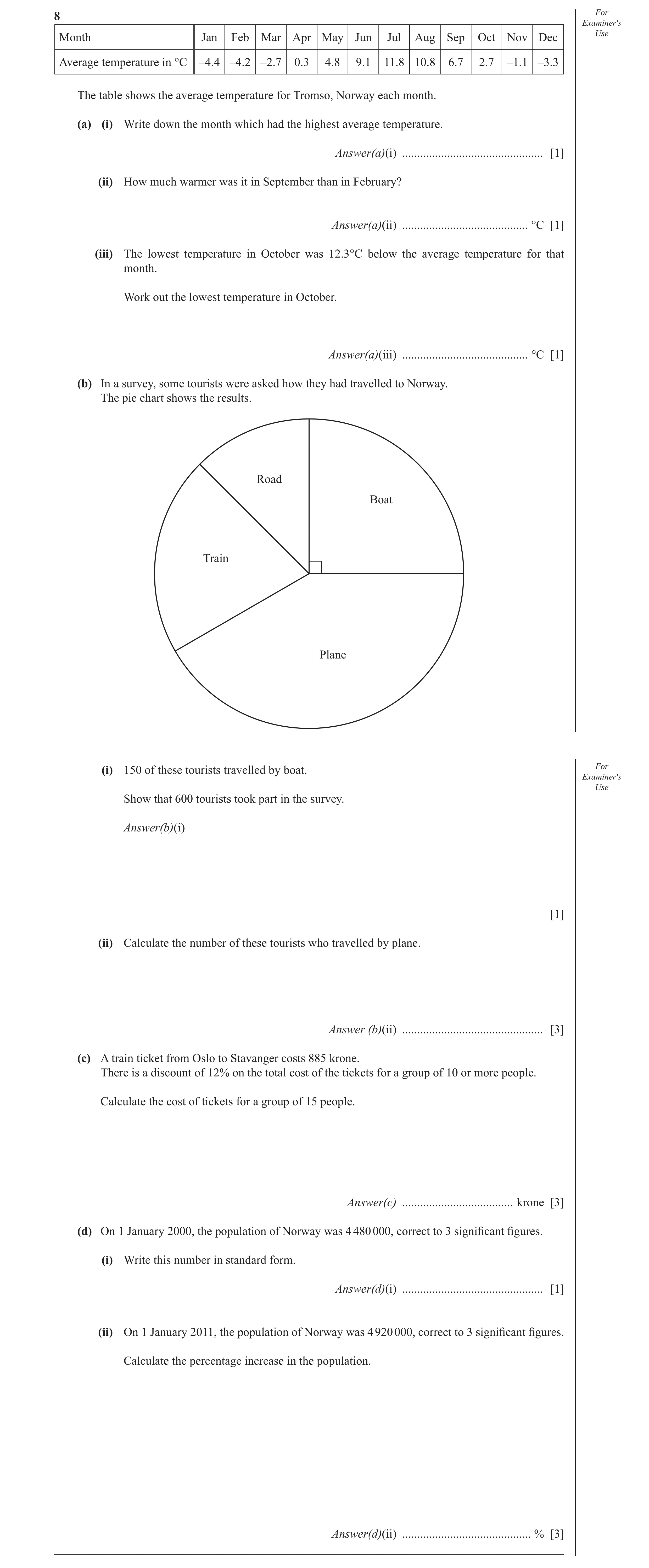 Question 3: For Examiner′s Month Jan Feb Mar Apr May Jun Jul Aug Sep Oct Nov Dec Use Average temperature in °C –4.4 –4.2 –2.7 0.3 4.8 9.1 11.8 10.8 6.7…