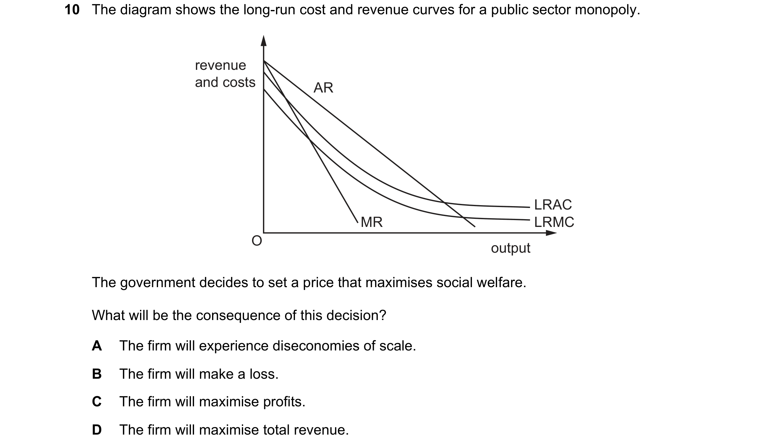 Question 48: The diagram shows the long-run cost and revenue curves for a public sector monopoly. revenue and costs AR LRAC MR LRMC O output The governm…