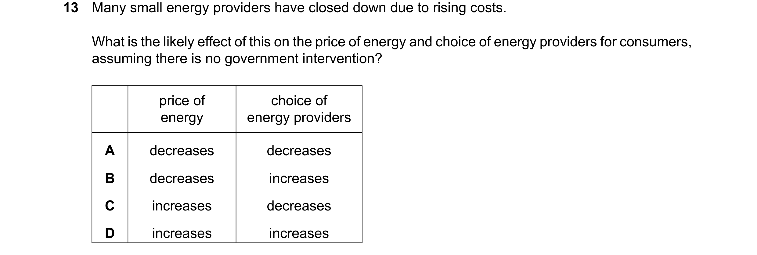 Question 75: Many small energy providers have closed down due to rising costs. What is the likely effect of this on the price of energy and choice of en…