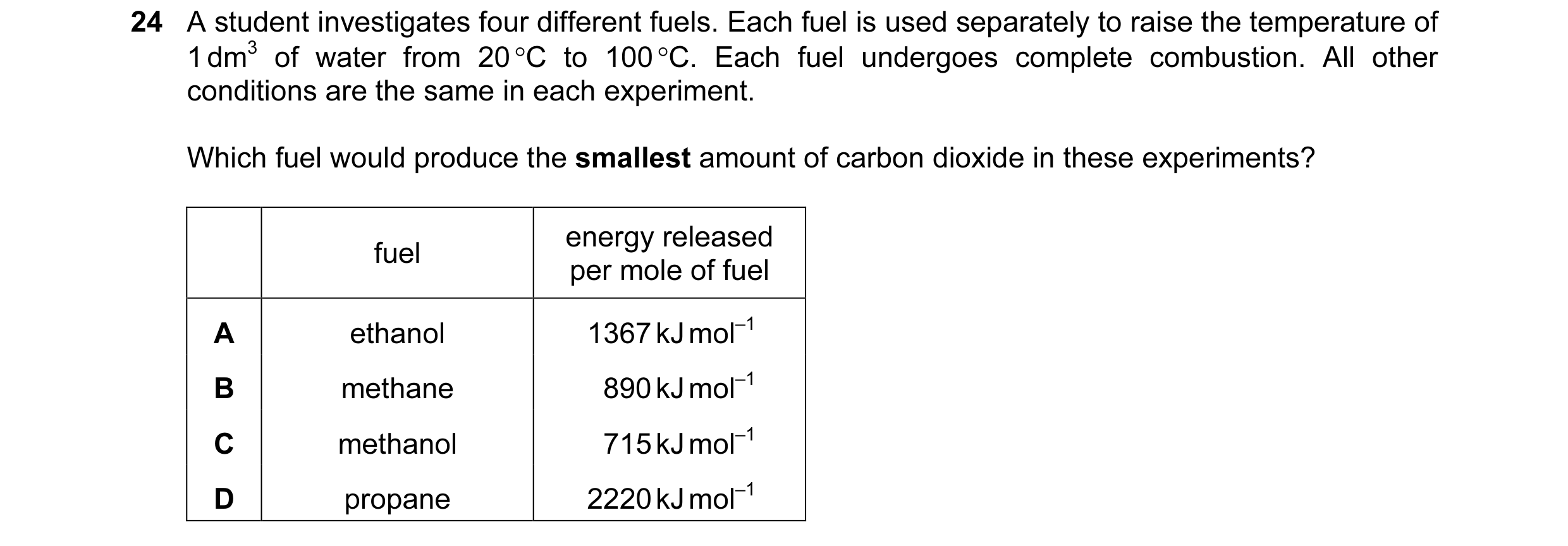 Question 95: A student investigates four different fuels. Each fuel is used separately to raise the temperature of 1 dm3 of water from 20 °C to 100 °C. …
