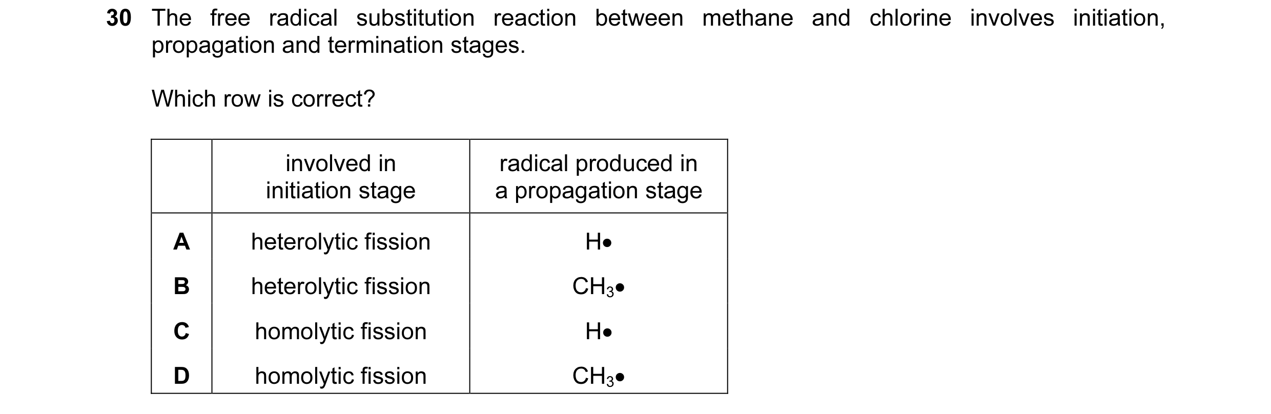 Question 51: The free radical substitution reaction between methane and chlorine involves initiation, propagation and termination stages. Which row is c…