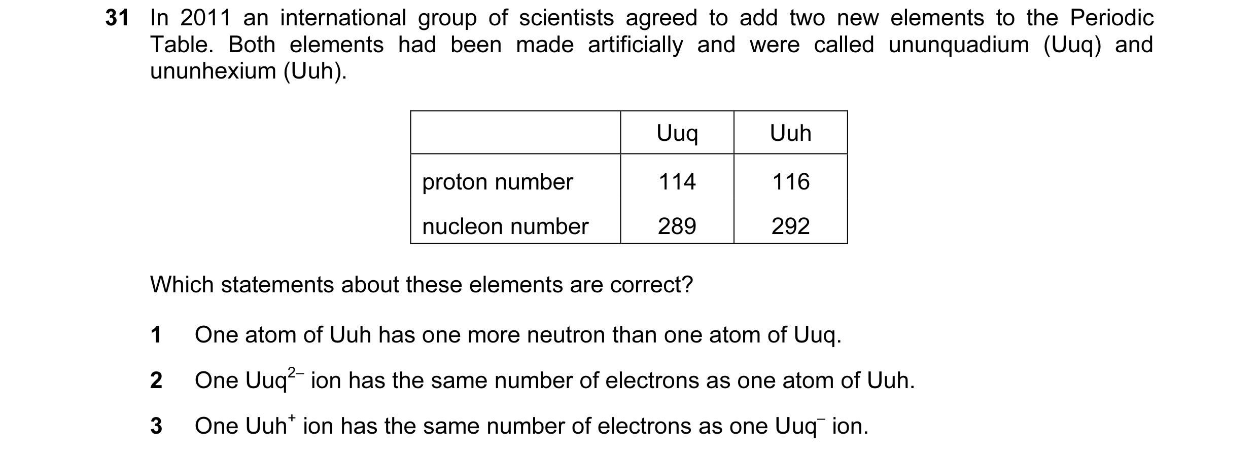 Question 48: In 2011 an international group of scientists agreed to add two new elements to the Periodic Table. Both elements had been made artificially…
