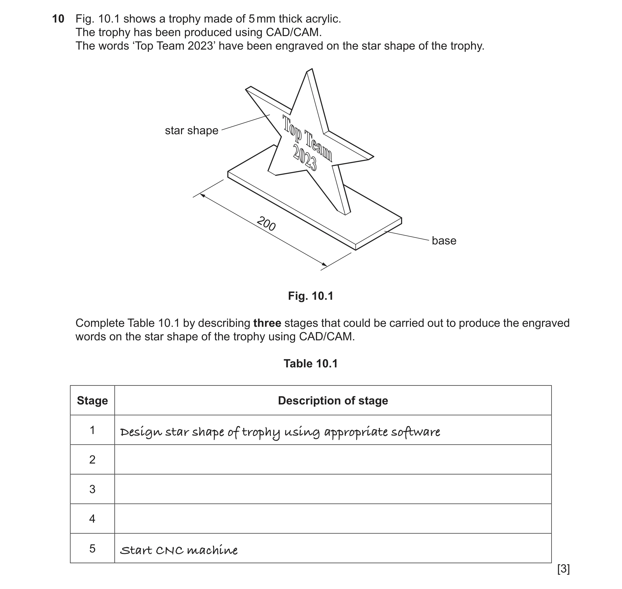 Question 95: Fig. 10.1 shows a trophy made of 5 mm thick acrylic. The trophy has been produced using CAD/CAM. The words ‘Top Team 2023’ have been engrav…